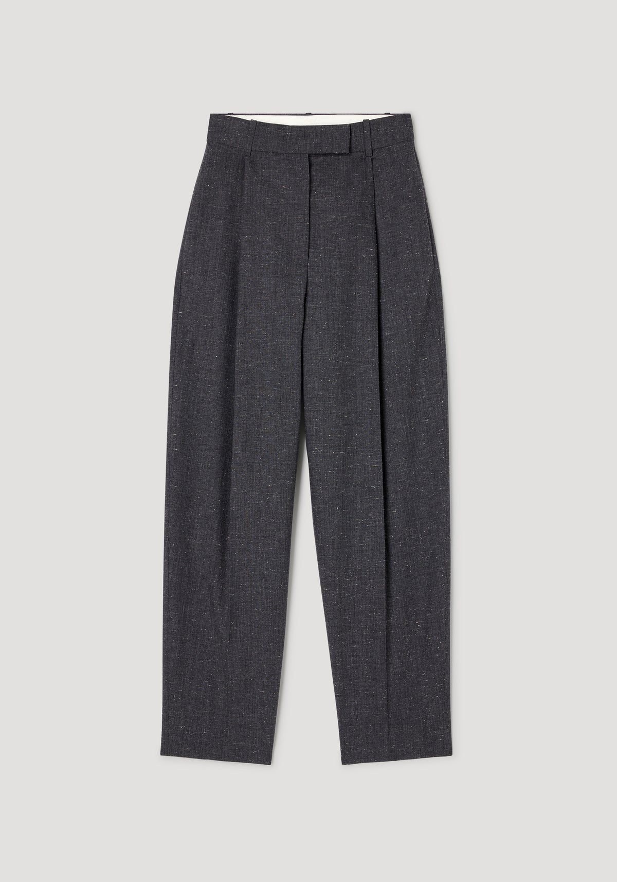 Daria - Single pleat straight leg trousers | grey slub displayed flat, featuring a high waist and subtle pleat detail with a textured grey fabric.