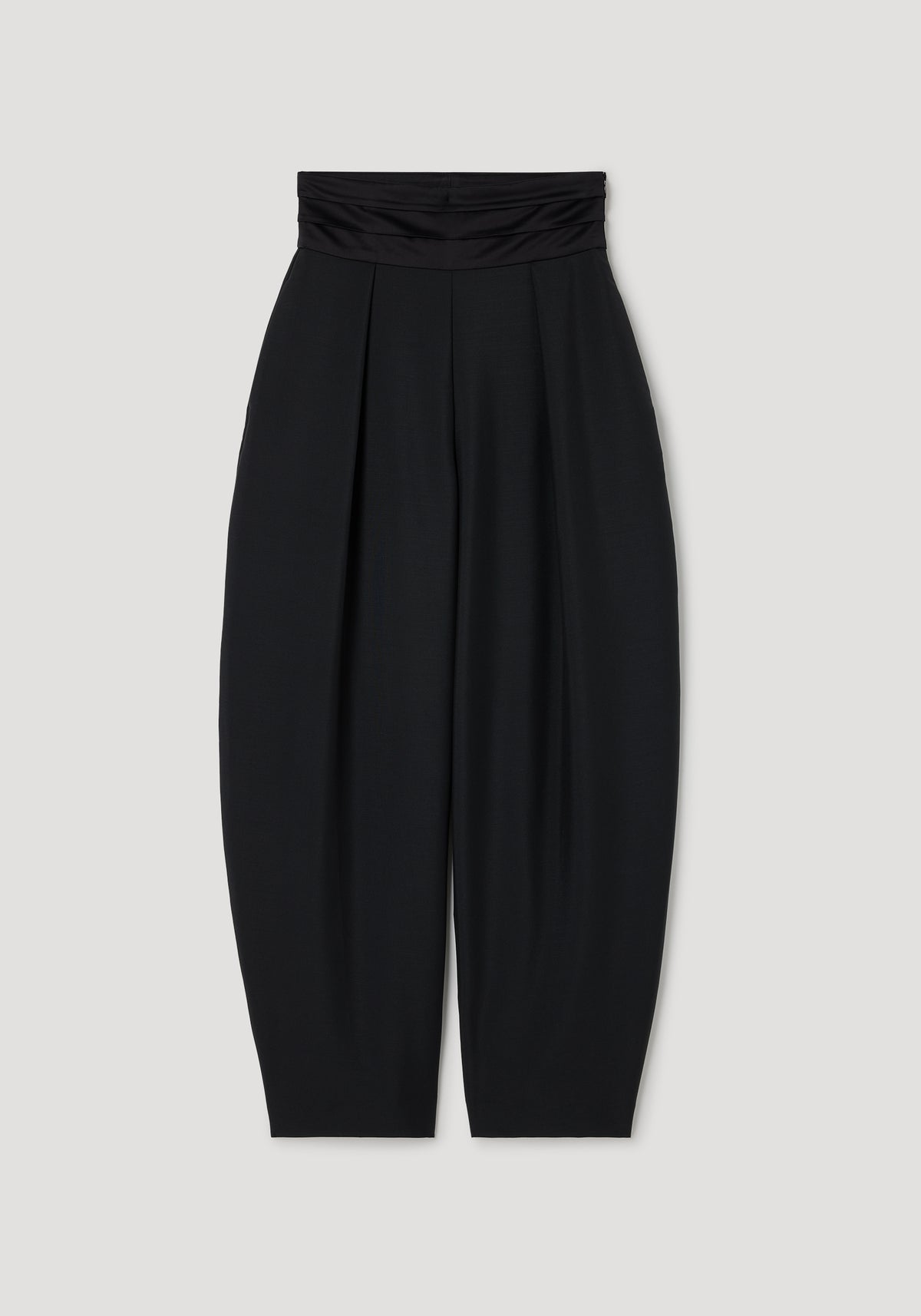 Puck - Sculptural cumberband trousers | black with a high ruched waistband and wide pleated legs, designed for a modern and elegant silhouette.