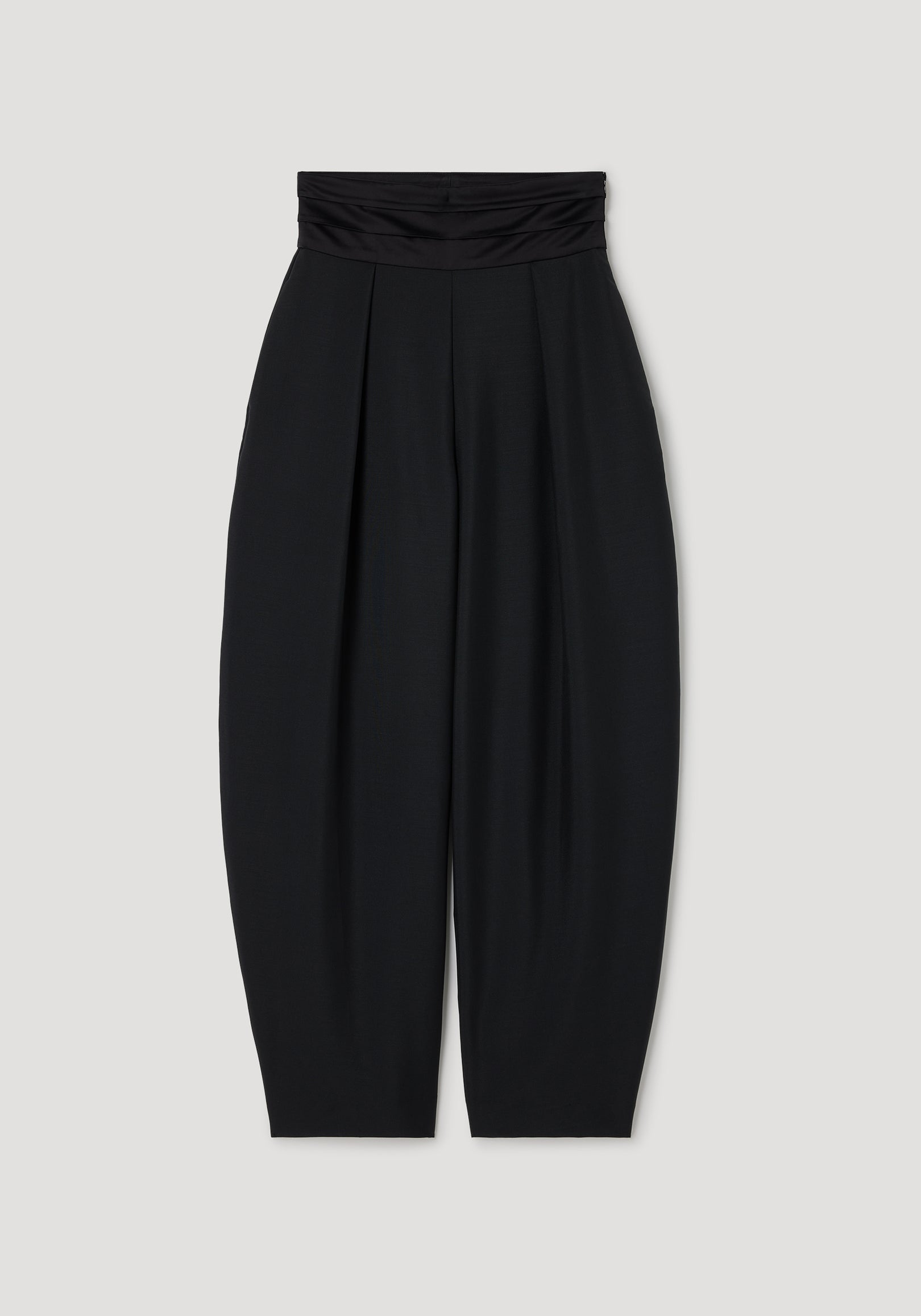 Puck - Sculptural cumberband trousers | black with a high ruched waistband and wide pleated legs, designed for a modern and elegant silhouette.