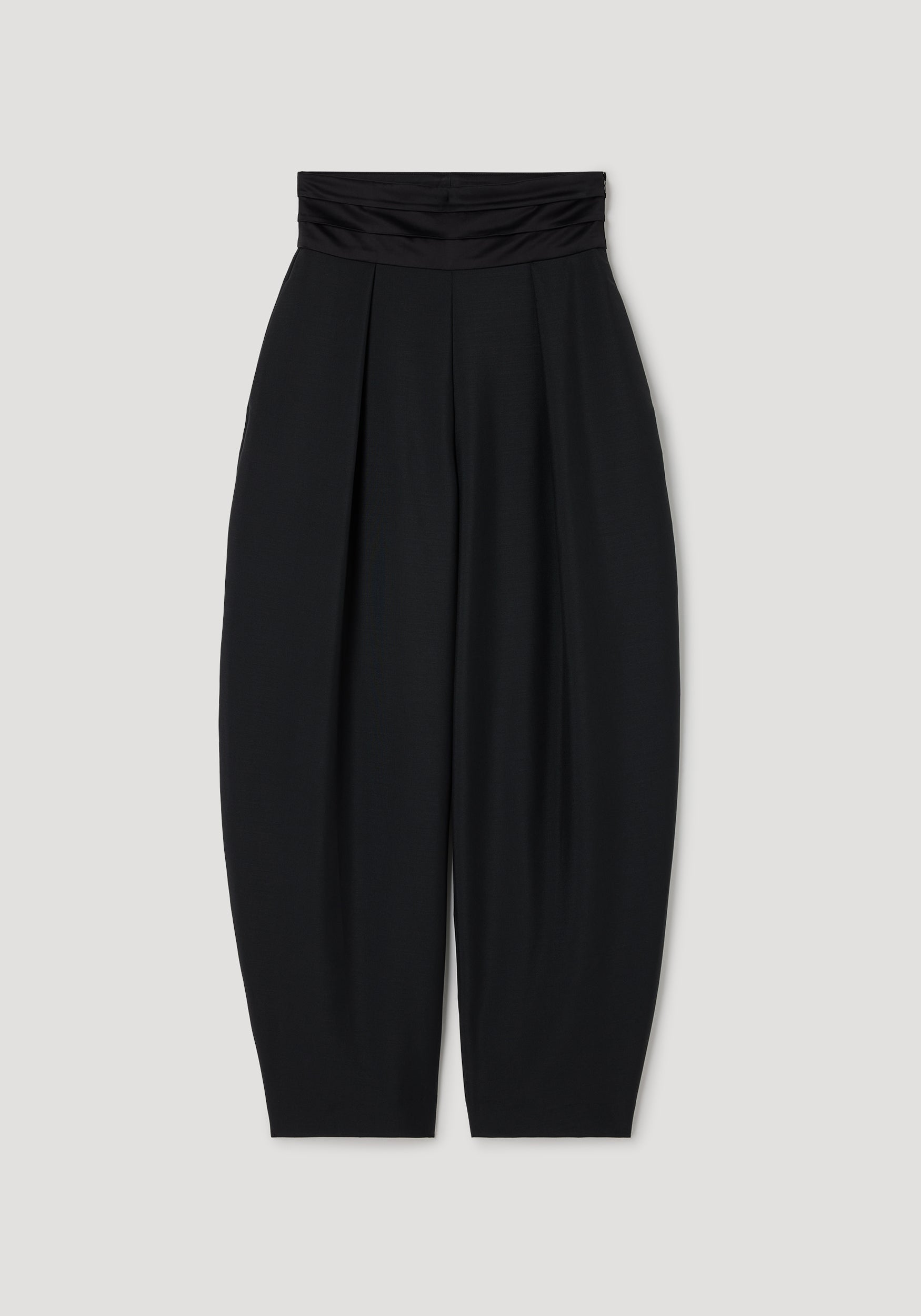 Puck - Sculptural cumberband trousers | black with a high ruched waistband and wide pleated legs, designed for a modern and elegant silhouette.