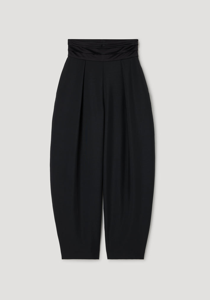 Puck - Sculptural cumberband trousers | black with a high ruched waistband and wide pleated legs, designed for a modern and elegant silhouette.