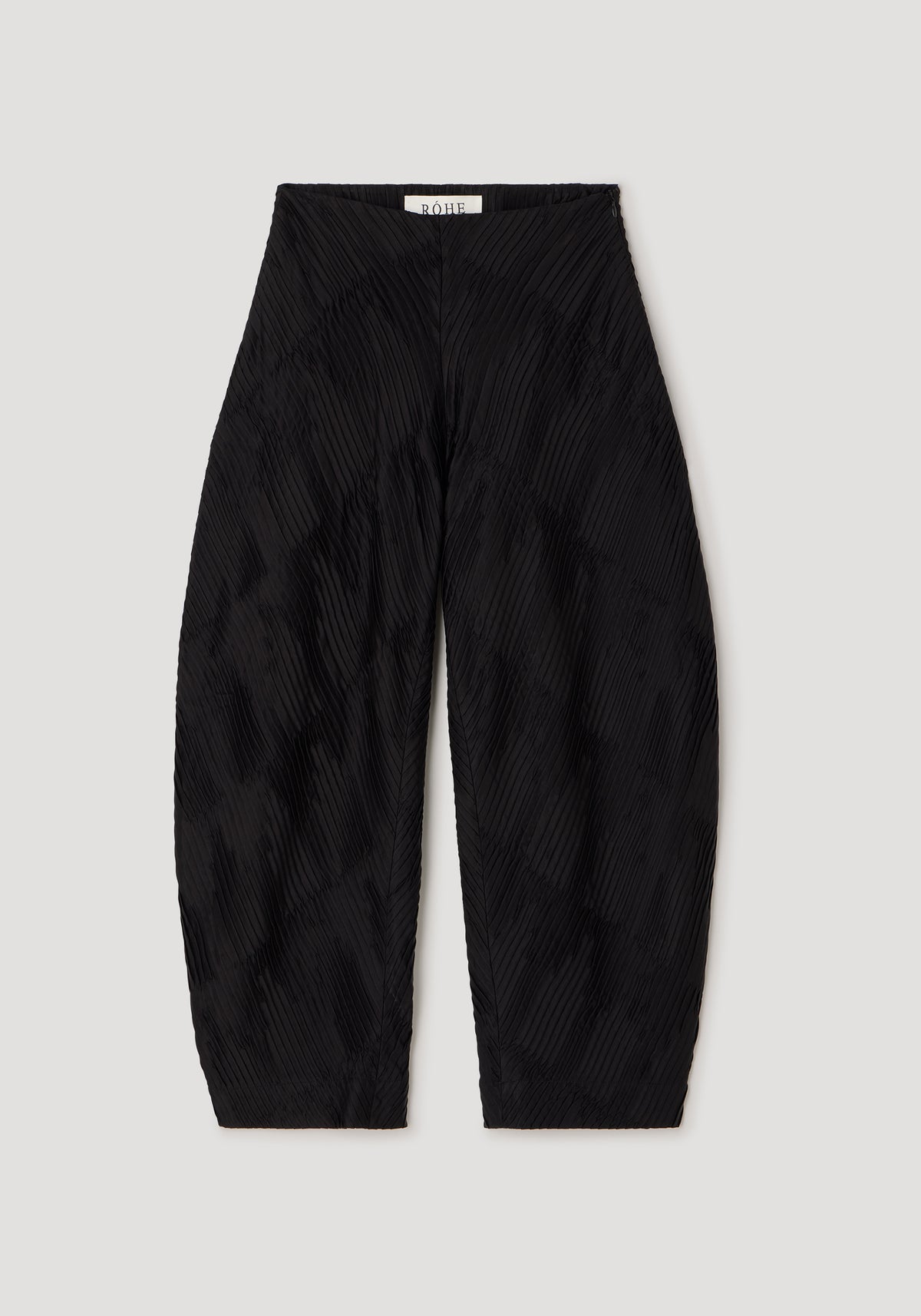 Plissé satin trousers | black with a textured pleated design, wide legs, and a high waist, displayed flat against a neutral background.