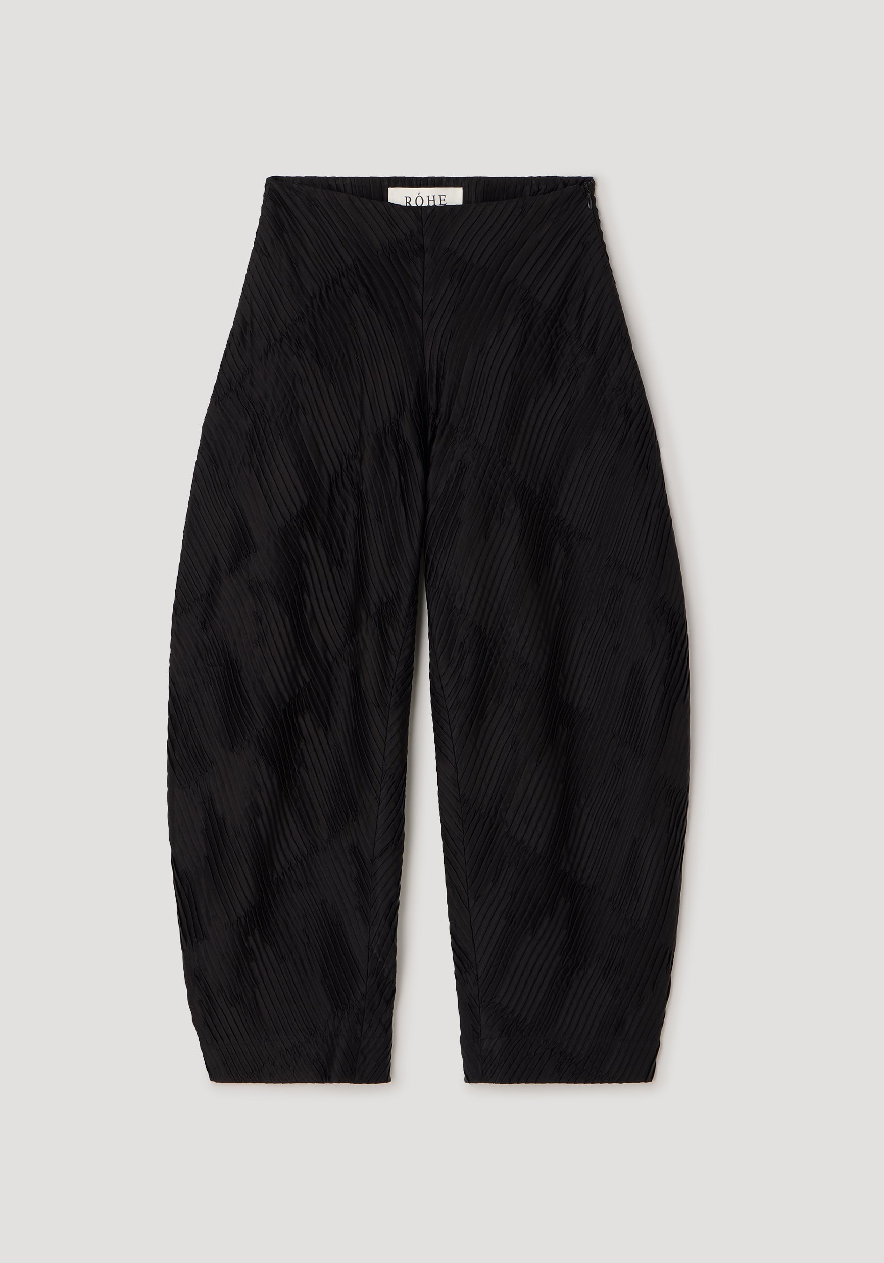 Plissé satin trousers | black with a textured pleated design, wide legs, and a high waist, displayed flat against a neutral background.