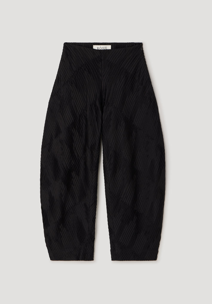 Plissé satin trousers | black with a textured pleated design, wide legs, and a high waist, displayed flat against a neutral background.