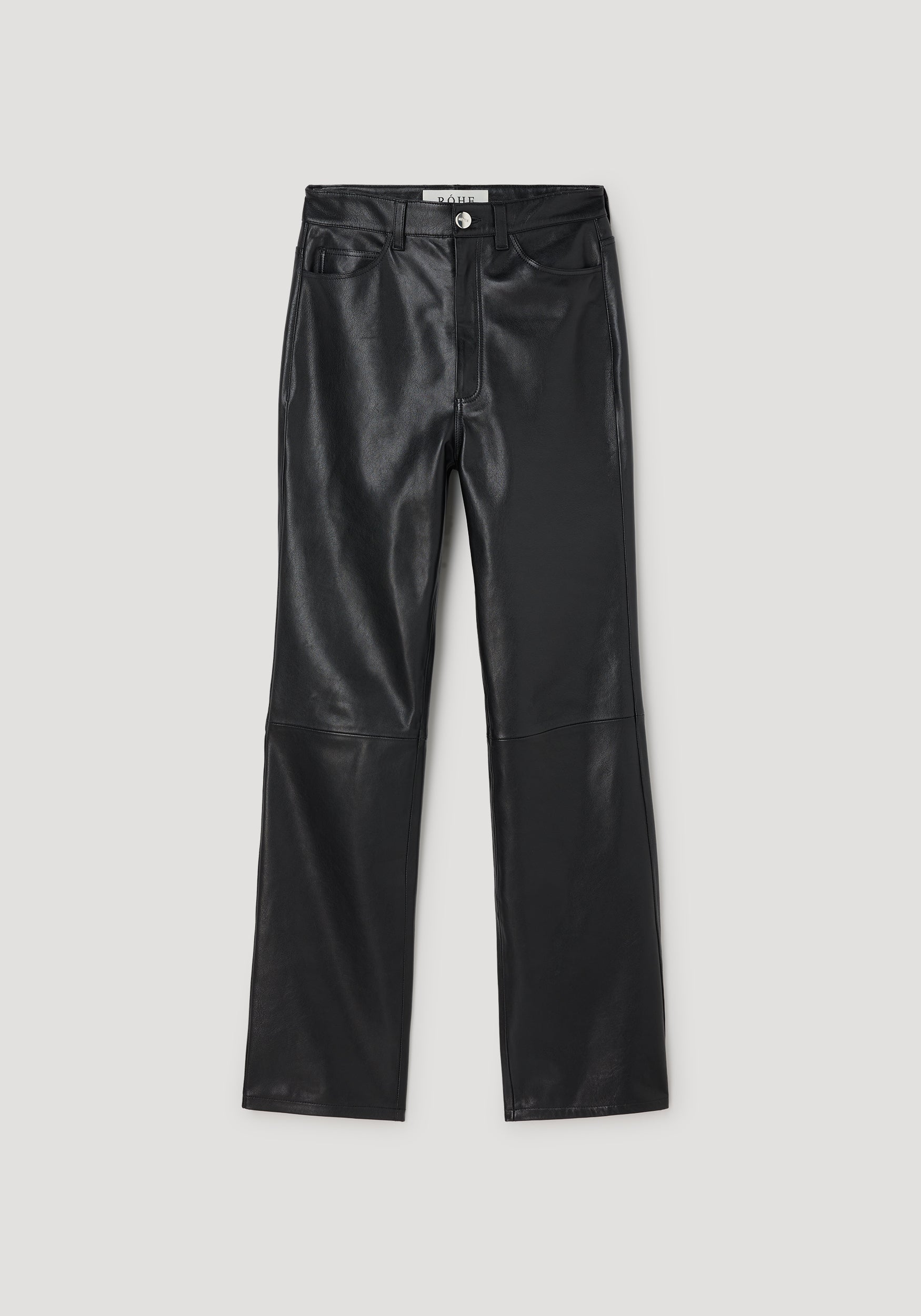 High-waist straight leather trousers | black displayed flat, featuring a smooth leather finish with front pockets and belt loops.