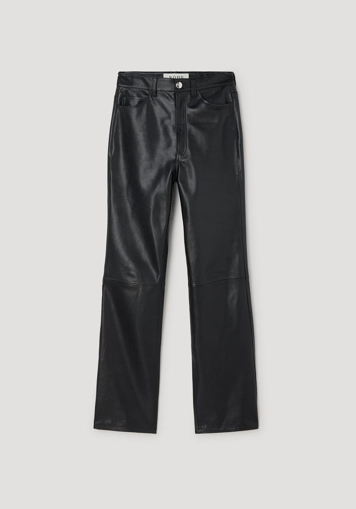 High-waist straight leather trousers | black displayed flat, featuring a smooth leather finish with front pockets and belt loops.