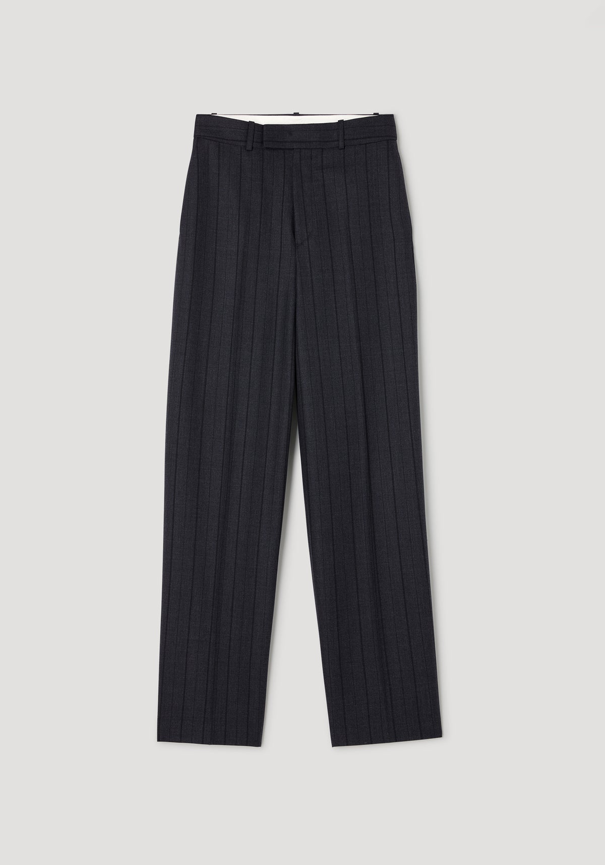 Kee - Straight leg tailored trousers | charcoal stripe in a dark charcoal fabric with subtle vertical stripes, featuring a high waist and belt loops for a polished look.