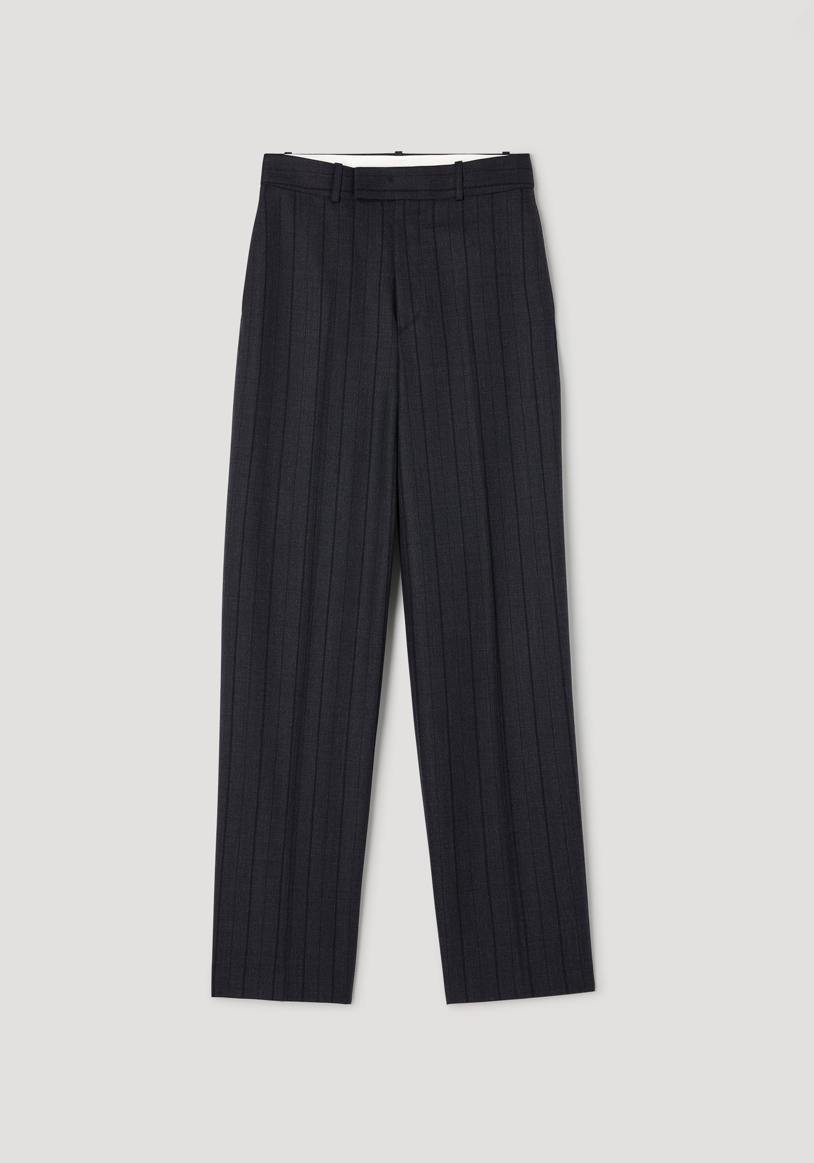 Kee - Straight leg tailored trousers | charcoal stripe in a dark charcoal fabric with subtle vertical stripes, featuring a high waist and belt loops for a polished look.