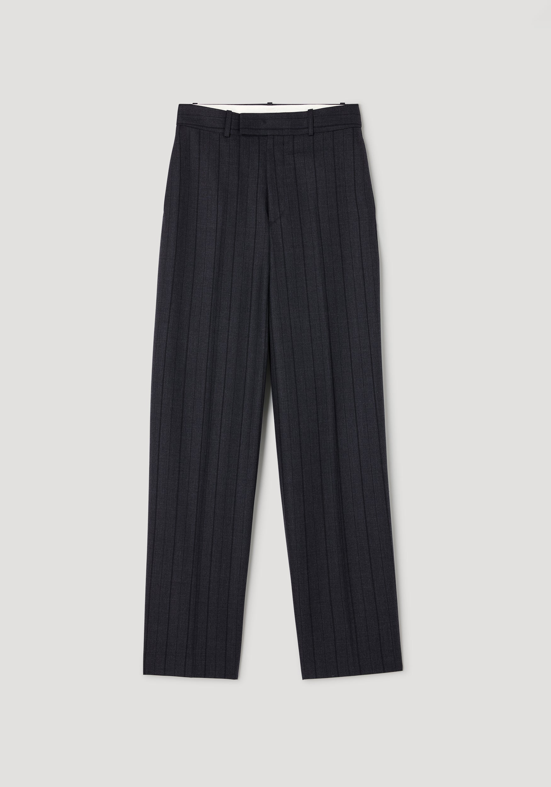 Kee - Straight leg tailored trousers | charcoal stripe in a dark charcoal fabric with subtle vertical stripes, featuring a high waist and belt loops for a polished look.