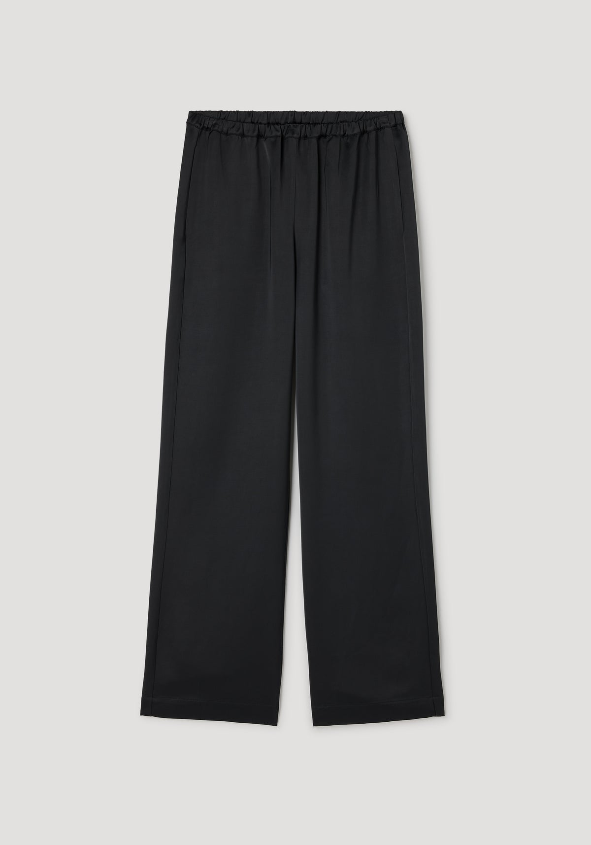 Relaxed fit satin trousers | black with an elastic waistband and wide legs designed for comfortable, stylish wear in a smooth satin fabric.