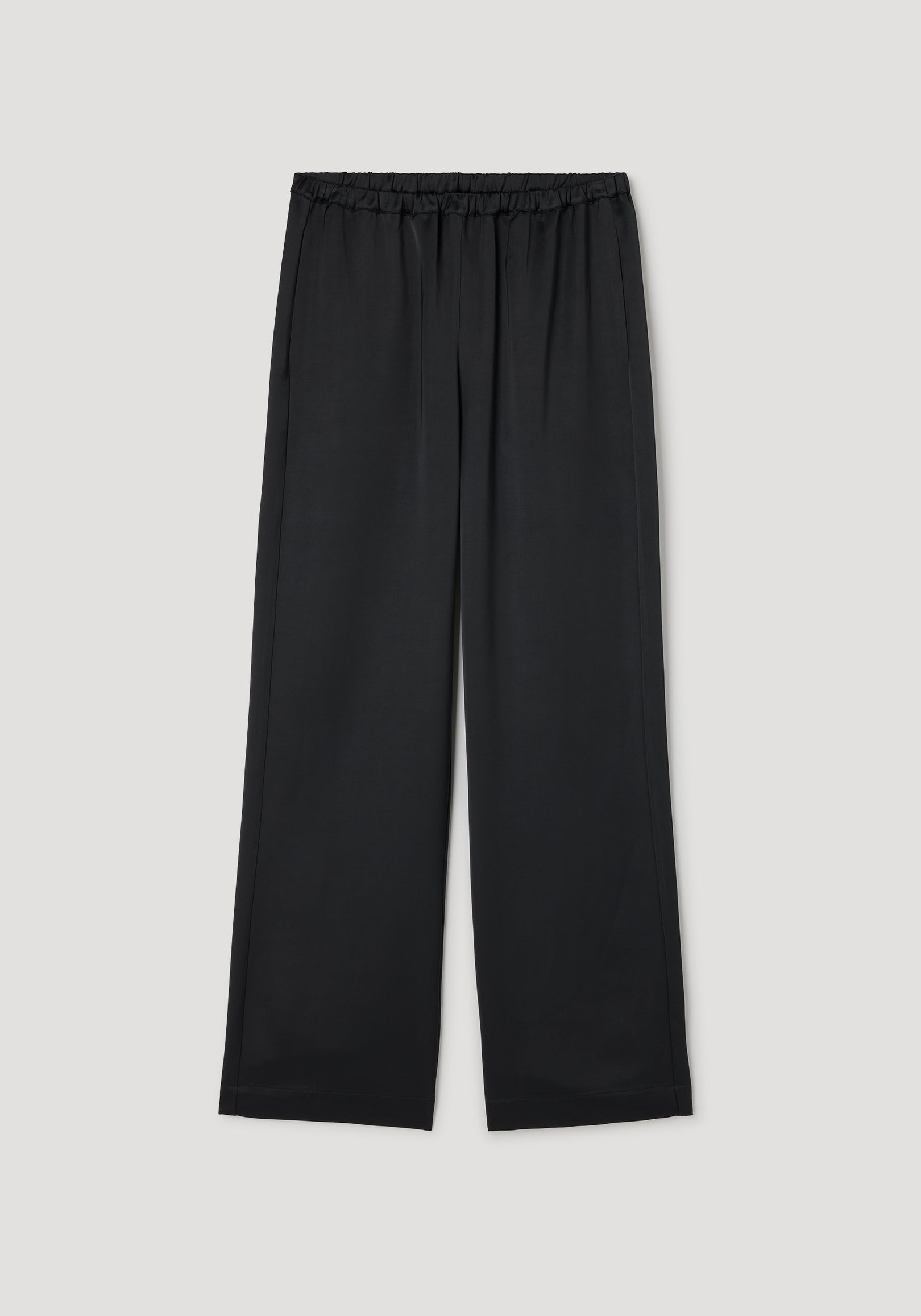 Relaxed fit satin trousers | black with an elastic waistband and wide legs designed for comfortable, stylish wear in a smooth satin fabric.
