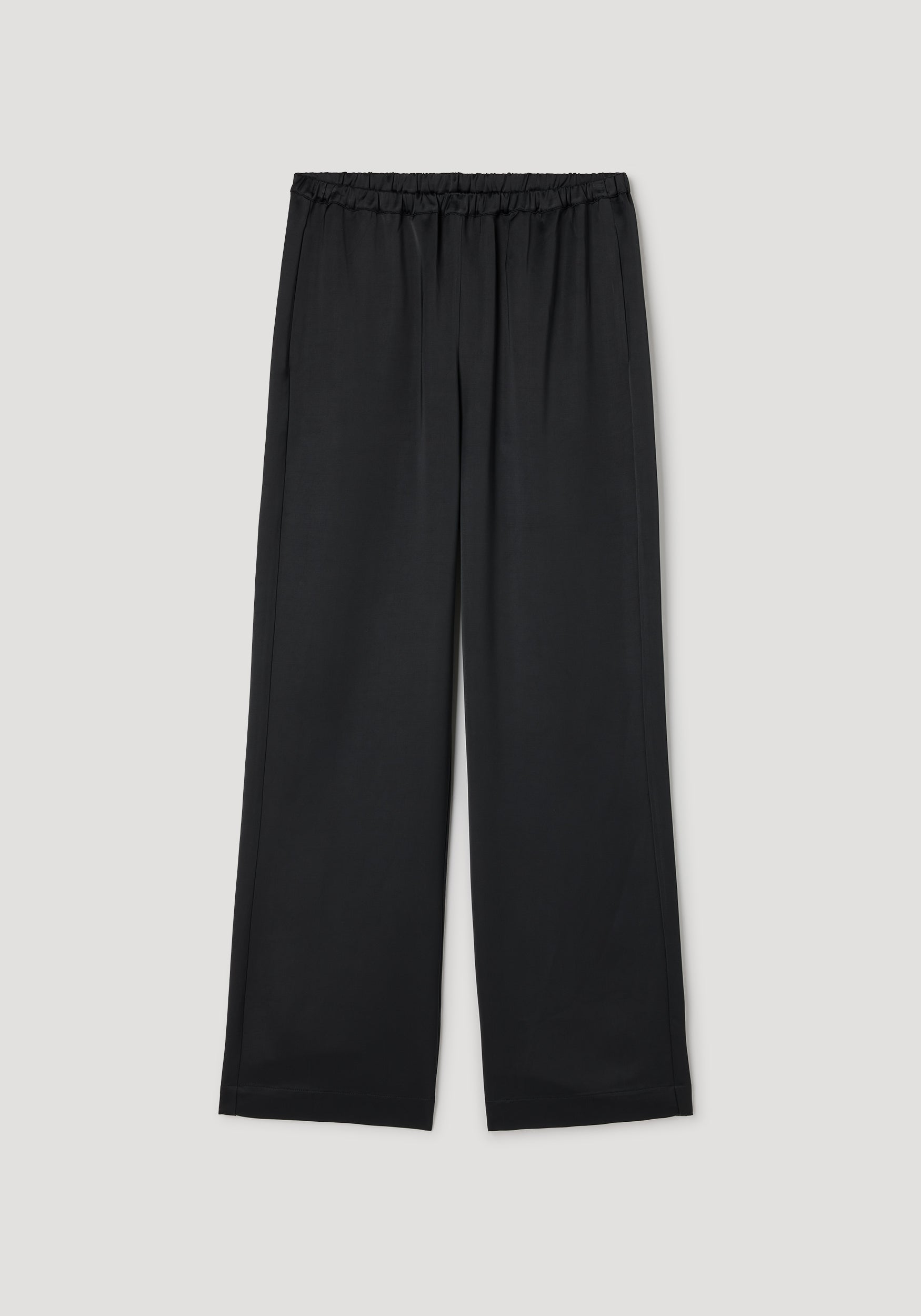 Relaxed fit satin trousers | black with an elastic waistband and wide legs designed for comfortable, stylish wear in a smooth satin fabric.