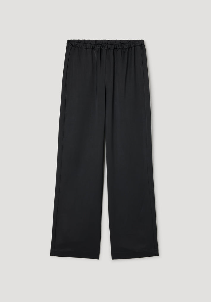 Relaxed fit satin trousers | black with an elastic waistband and wide legs designed for comfortable, stylish wear in a smooth satin fabric.