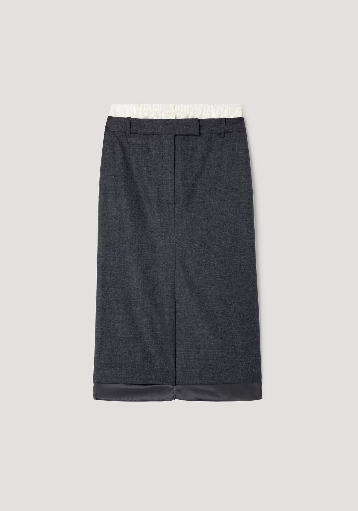 Boxer detailed skirt | dark grey melange displayed flat, featuring a straight cut, belt loops, and a contrasting darker hem detail at the bottom.