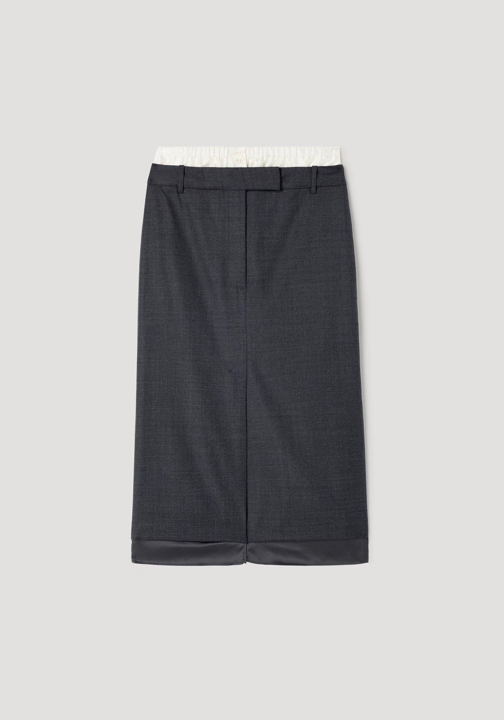 Boxer detailed skirt | dark grey melange displayed flat, featuring a straight cut, belt loops, and a contrasting darker hem detail at the bottom.