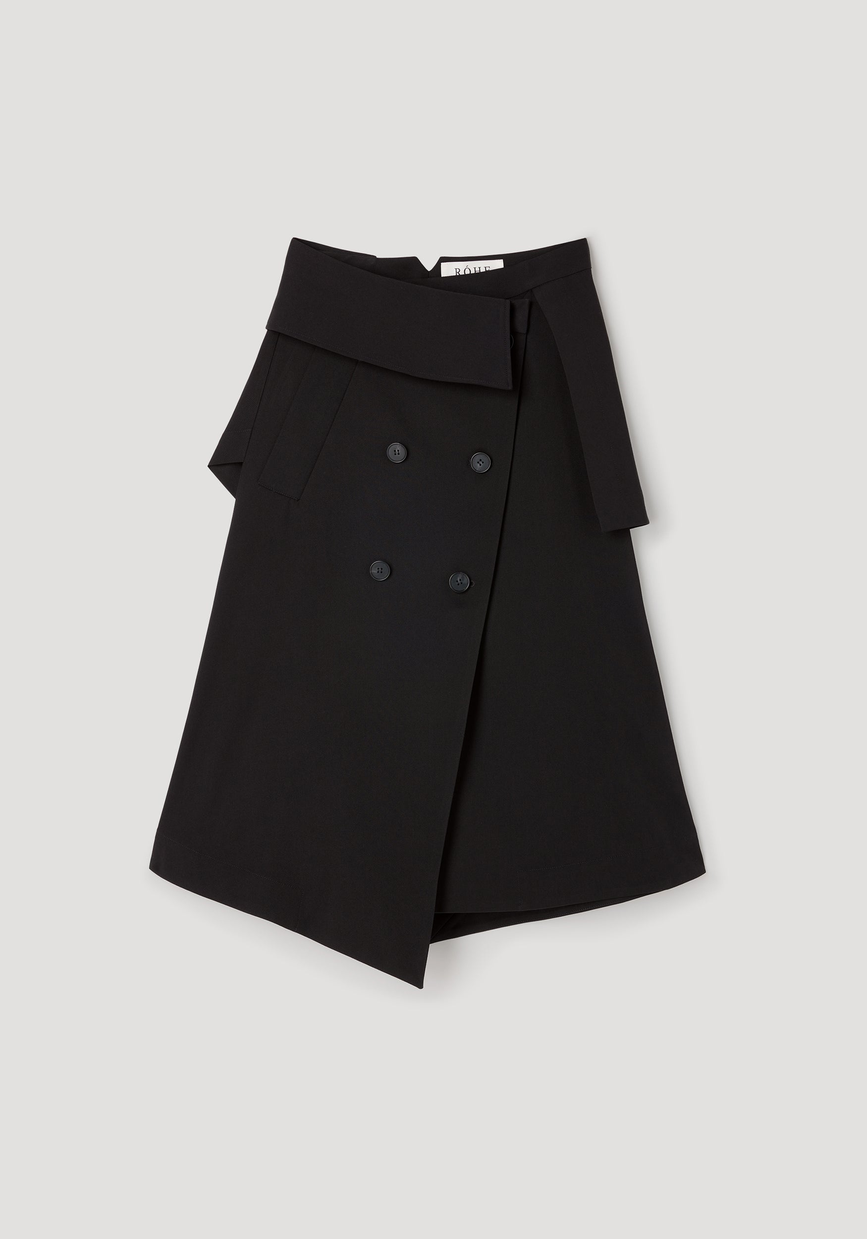 Black asymmetrical skirt with double-breasted buttons and a wide belt detail, styled in a trench coat-inspired design, named Deconstructed trench skirt | black.