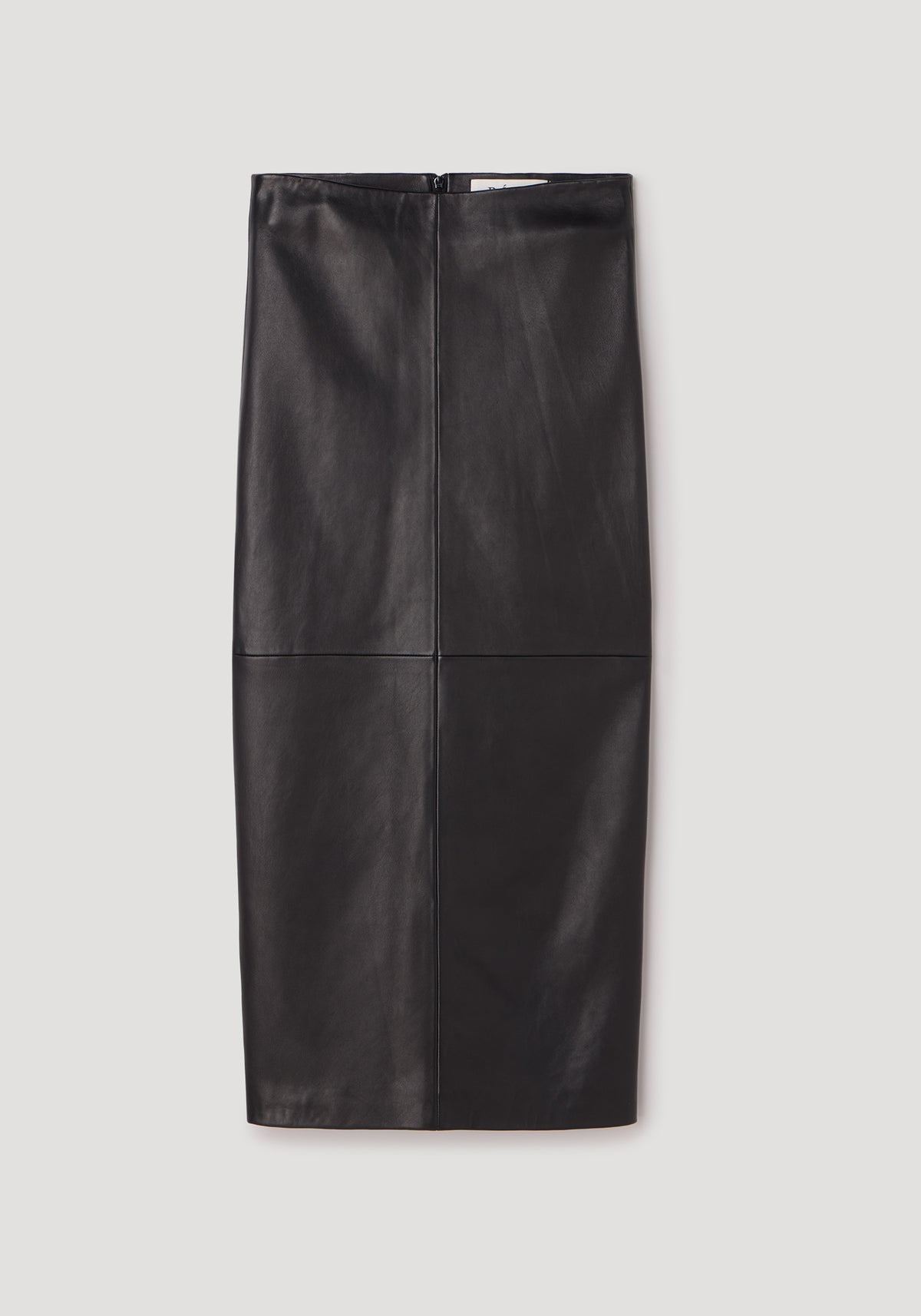 Elongated leather skirt | black displayed flat on neutral background, showing a sleek and smooth design with a zipper closure at the back.