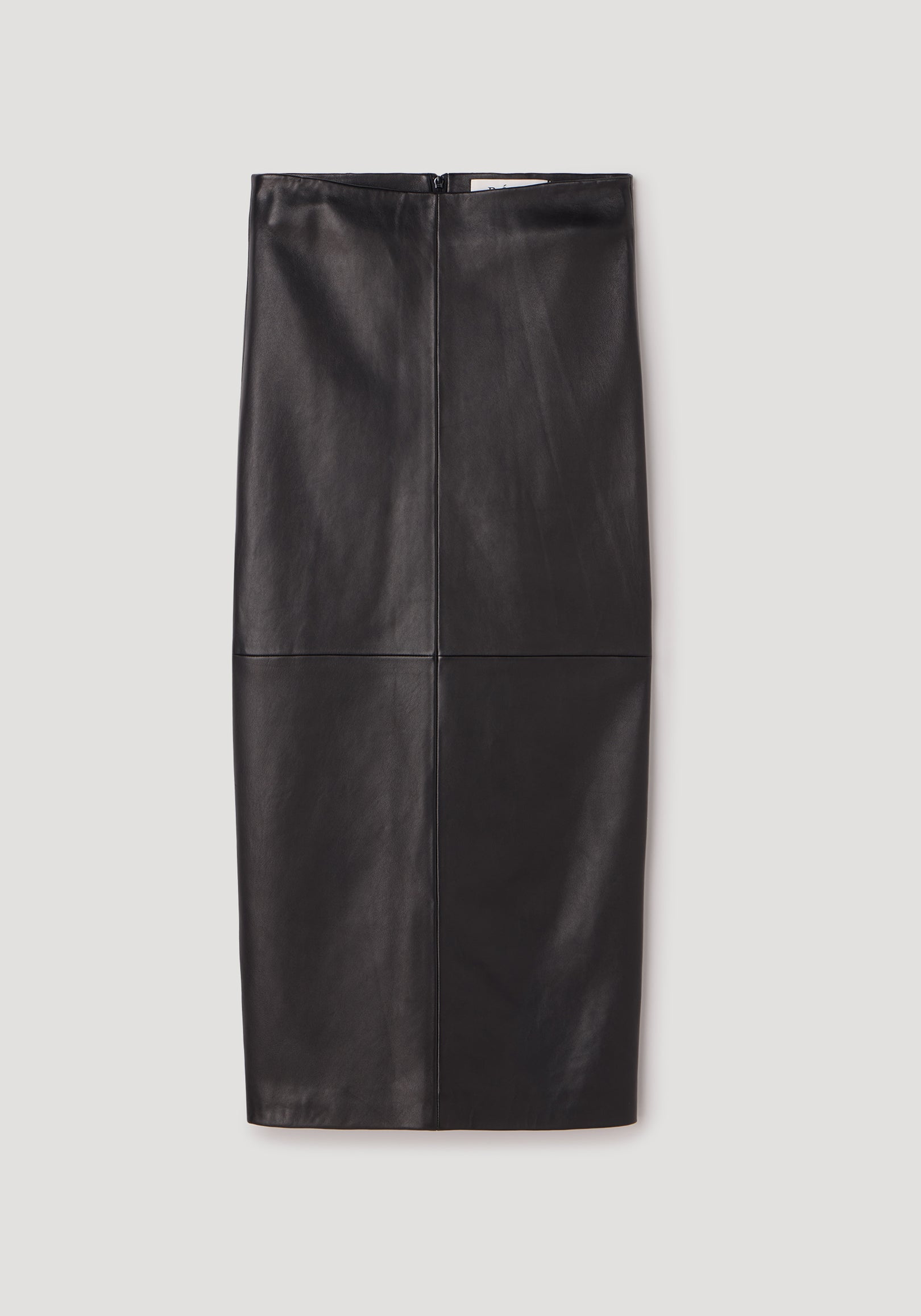 Elongated leather skirt | black displayed flat on neutral background, showing a sleek and smooth design with a zipper closure at the back.