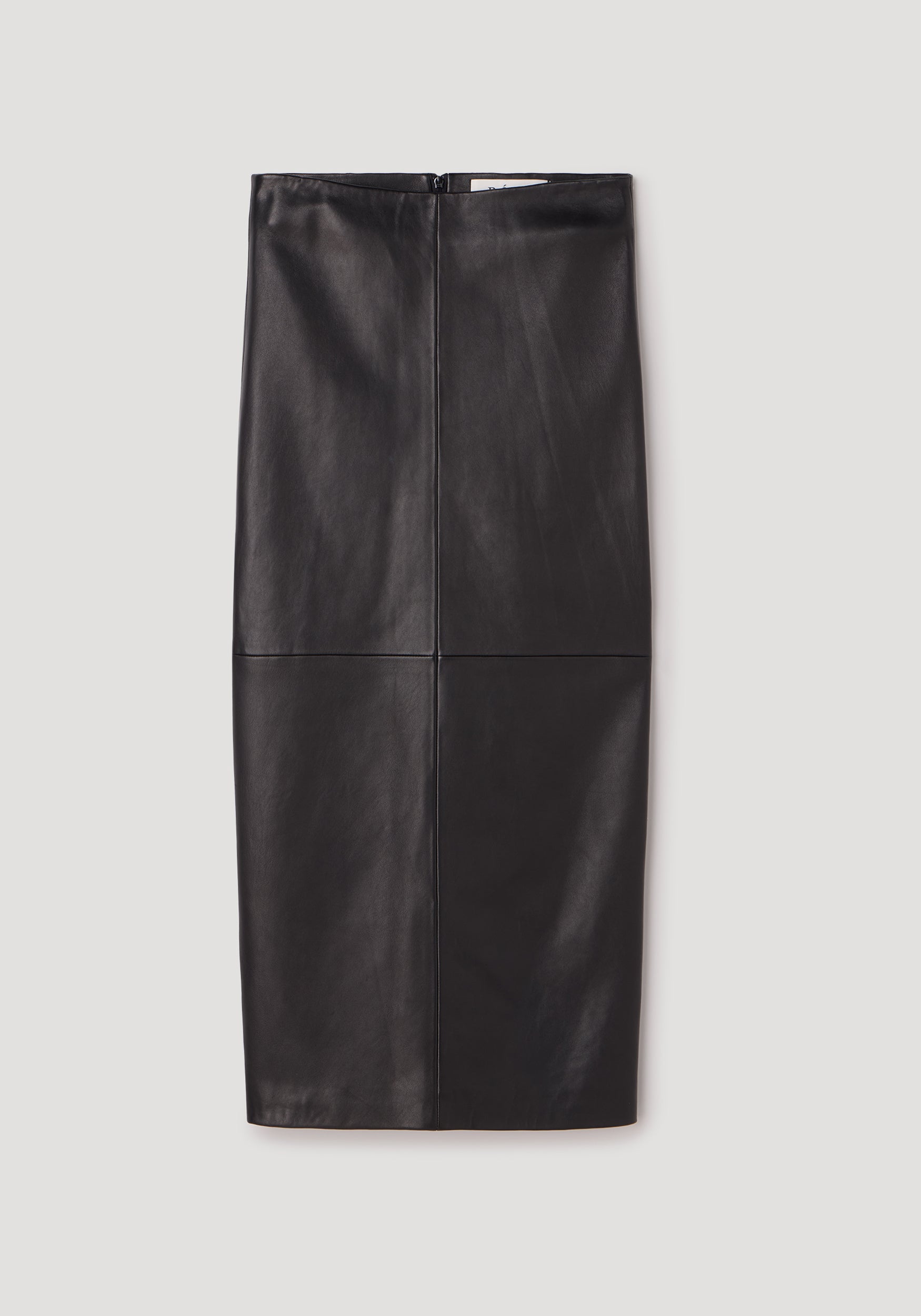 Elongated leather skirt | black displayed flat on neutral background, showing a sleek and smooth design with a zipper closure at the back.