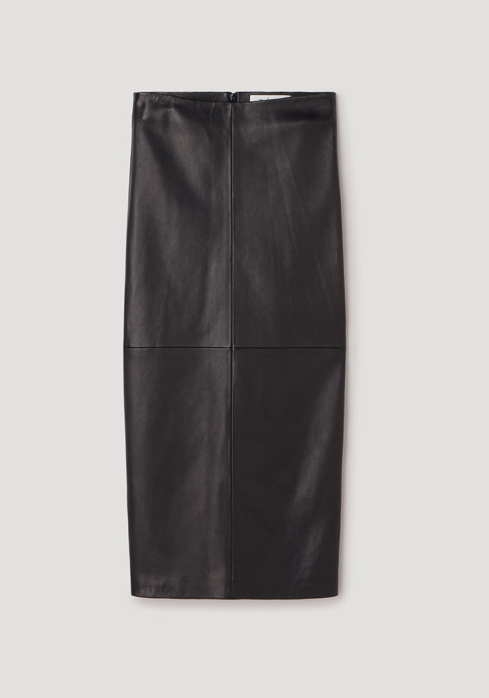 Elongated leather skirt | black displayed flat on neutral background, showing a sleek and smooth design with a zipper closure at the back.