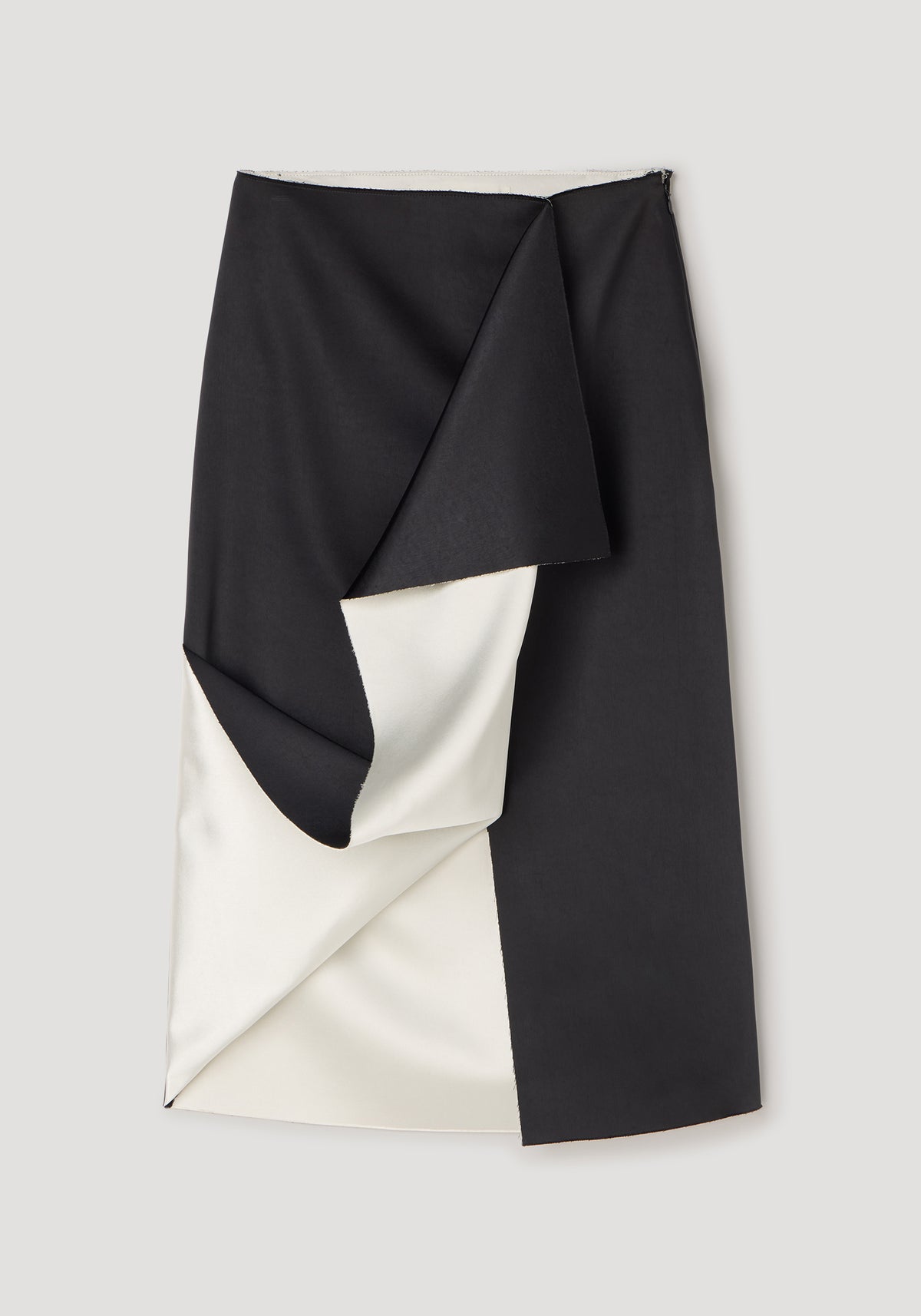 Sleek Sculptural double-satin skirt | black/white with an elegant draped design showcasing contrasting black and white satin panels for a sophisticated modern look.