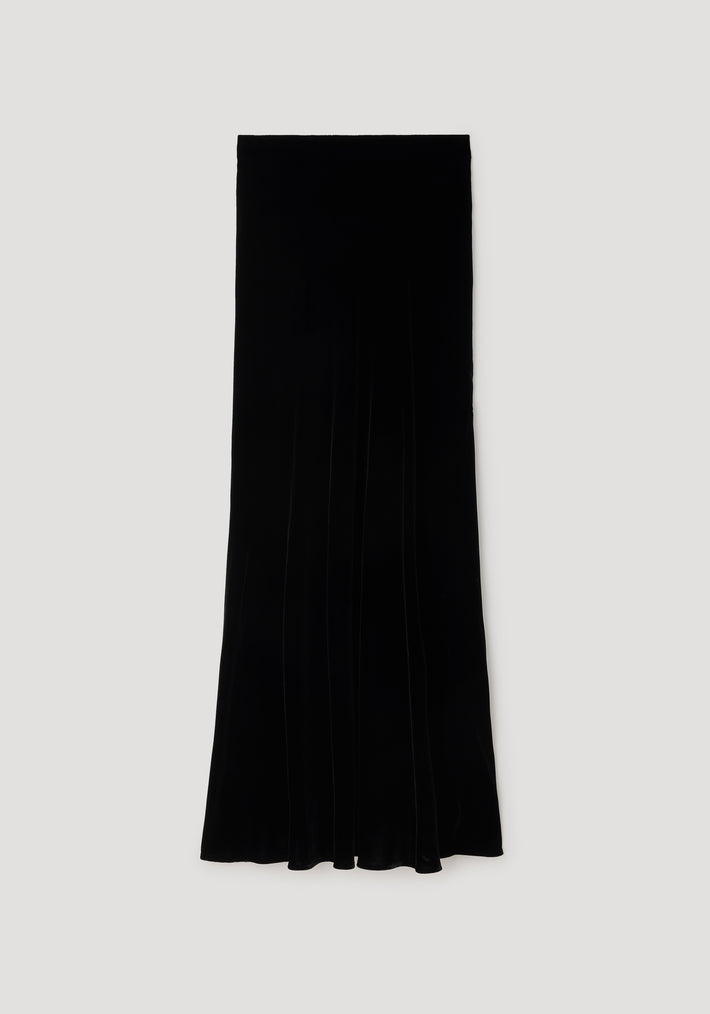 Long black skirt made from smooth fabric with graceful draping, elegant and flowing silhouette designed for a refined look, Fluid velvet skirt | black.