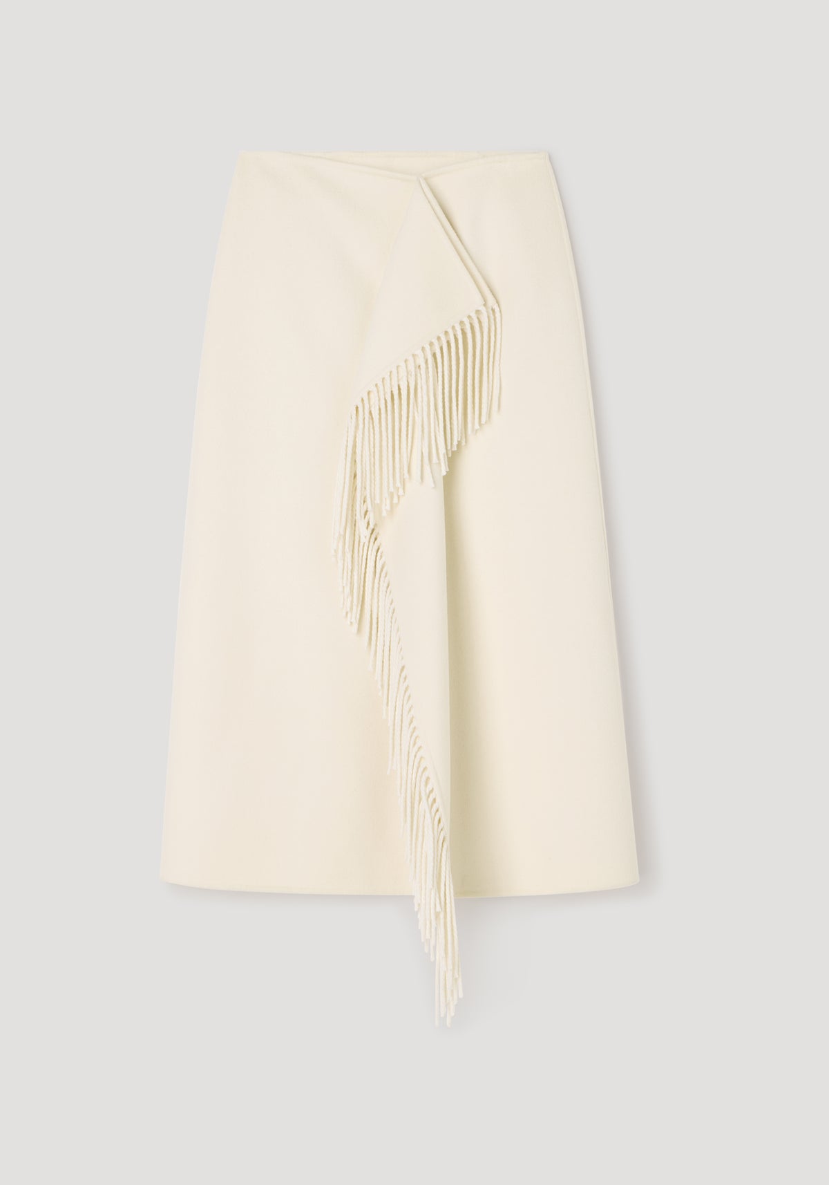 Double-faced fringe skirt | off white in a midi length featuring an asymmetrical fringe detail cascading diagonally across the front for a stylish and elegant look.