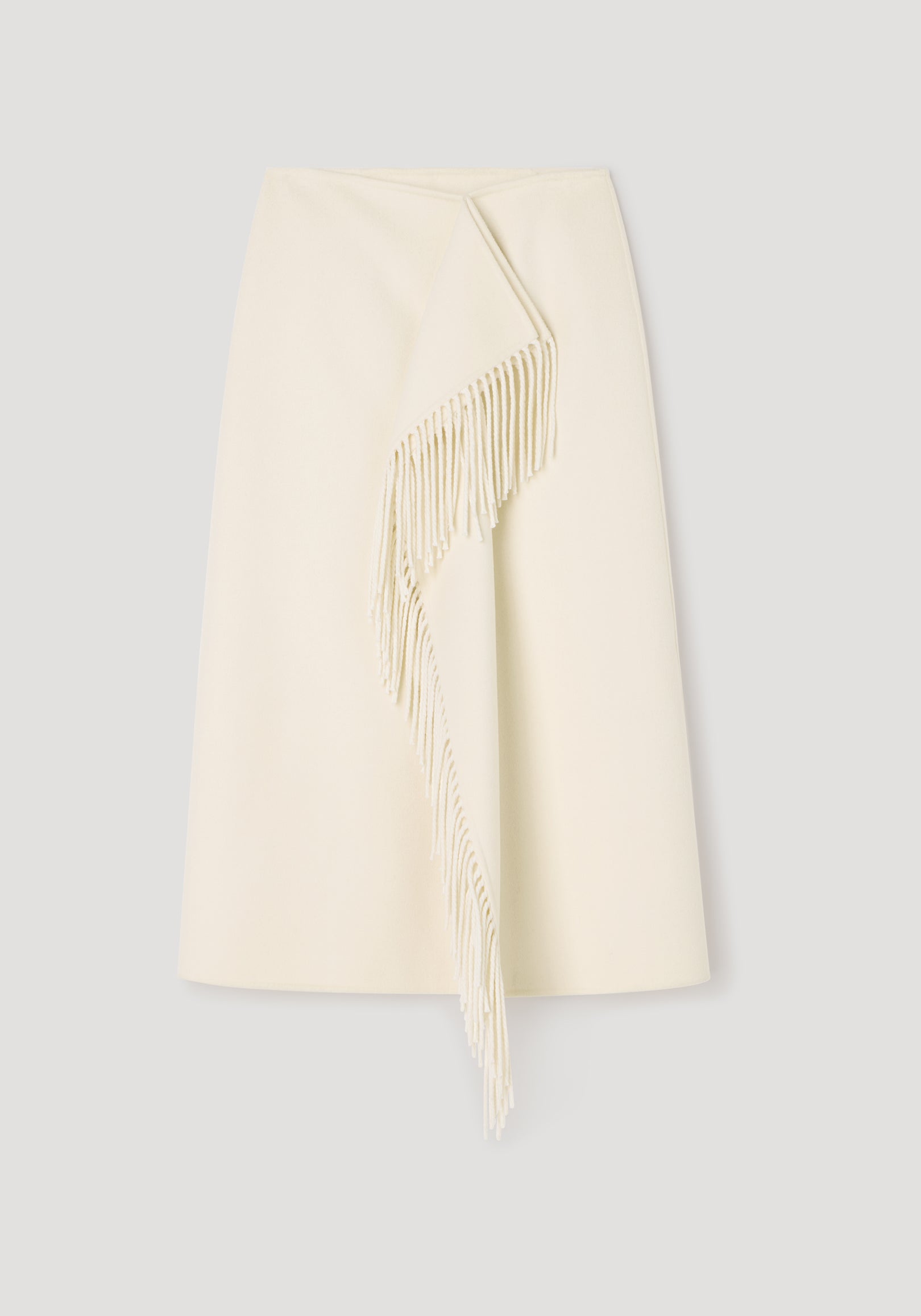 Double-faced fringe skirt | off white in a midi length featuring an asymmetrical fringe detail cascading diagonally across the front for a stylish and elegant look.