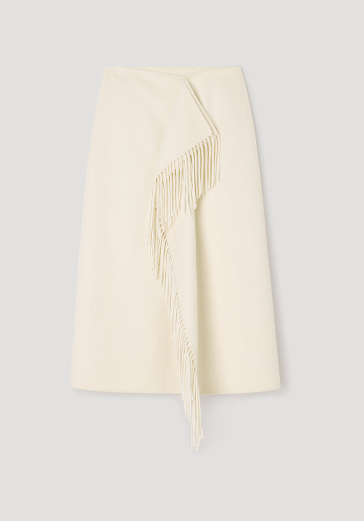 Double-faced fringe skirt | off white in a midi length featuring an asymmetrical fringe detail cascading diagonally across the front for a stylish and elegant look.