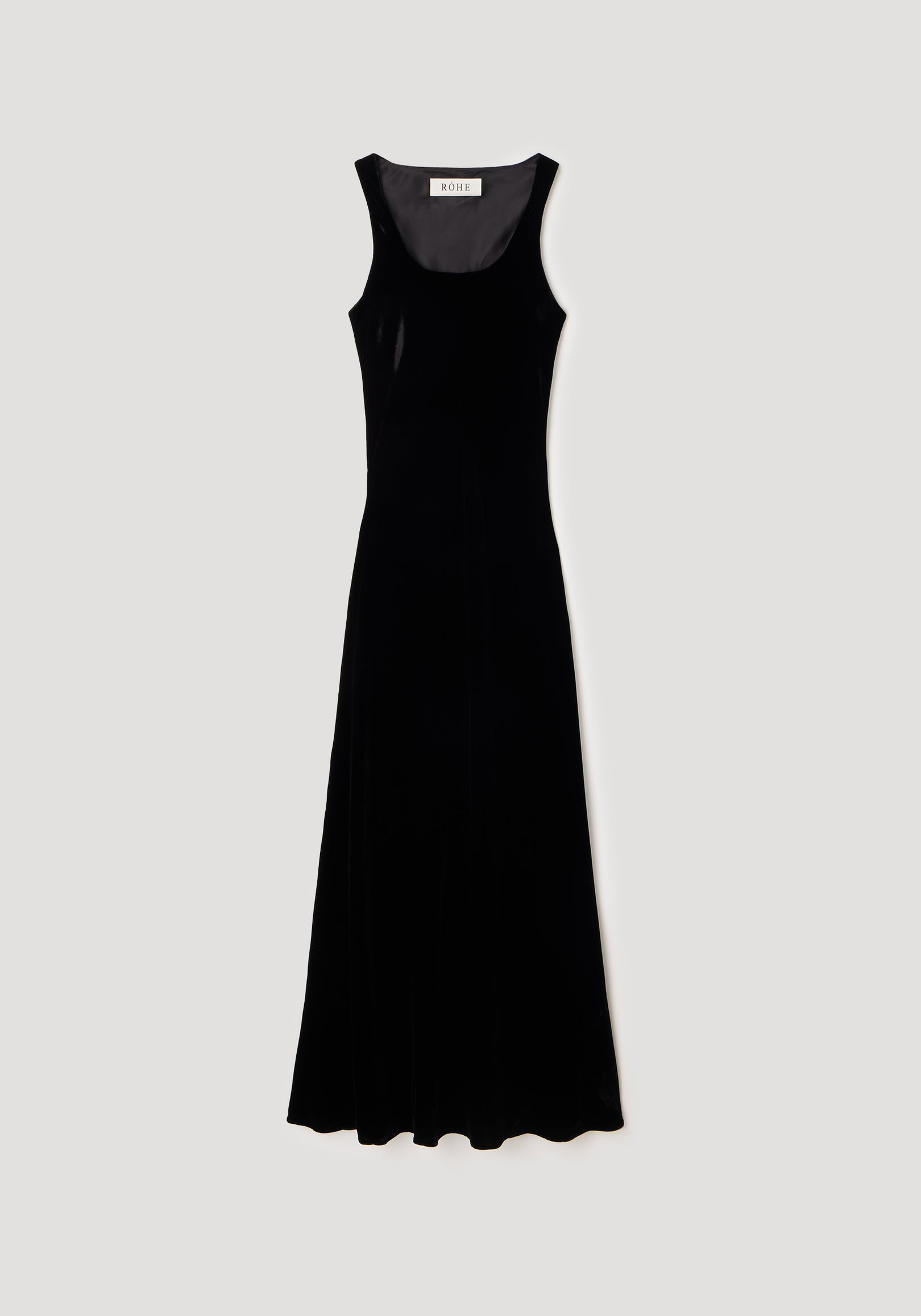 Scoop-neck velvet dress | black displayed flat against a light background, featuring a sleeveless design and smooth flowing silhouette.