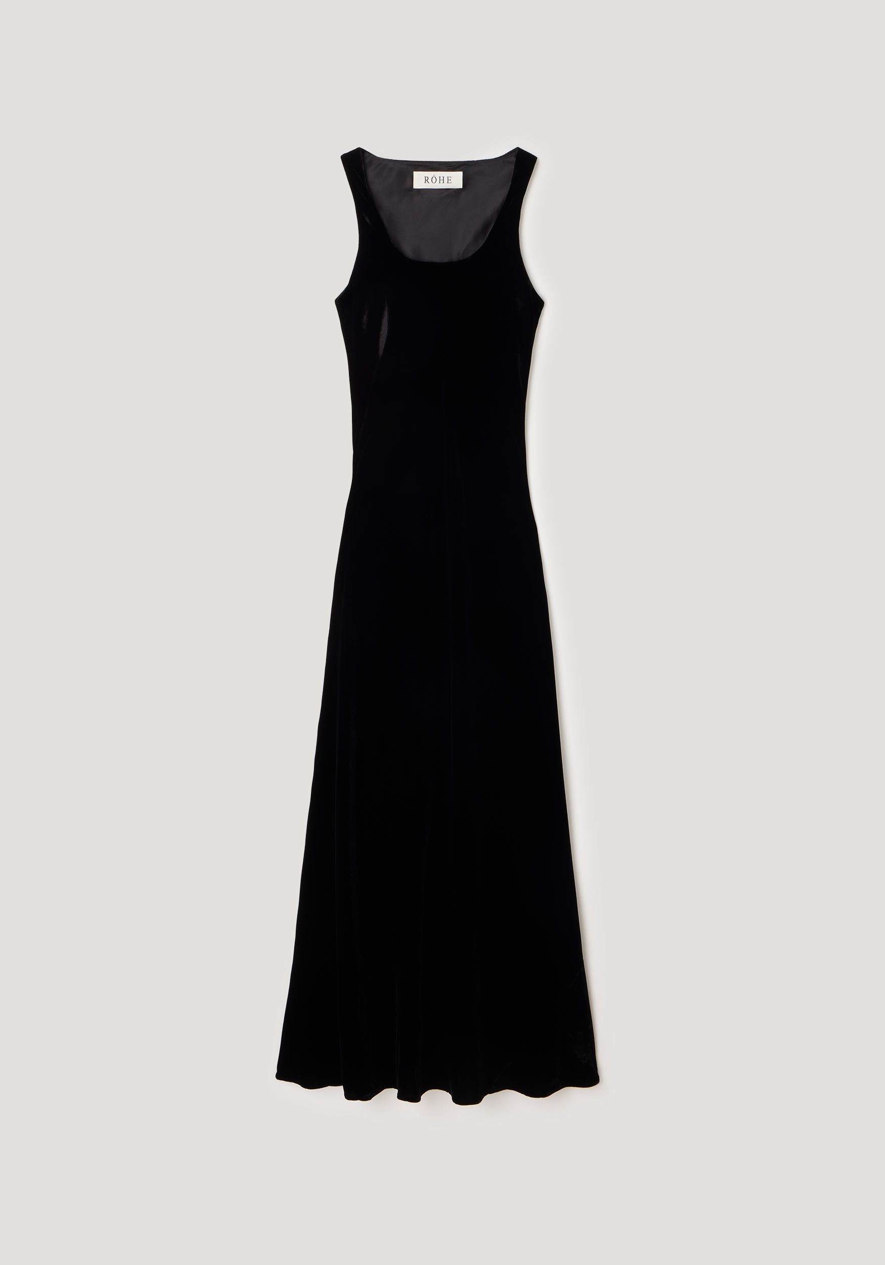 Scoop-neck velvet dress | black displayed flat against a light background, featuring a sleeveless design and smooth flowing silhouette.