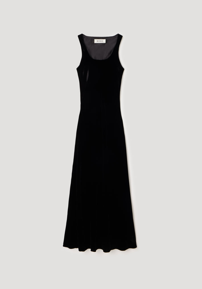 Scoop-neck velvet dress | black displayed flat against a light background, featuring a sleeveless design and smooth flowing silhouette.