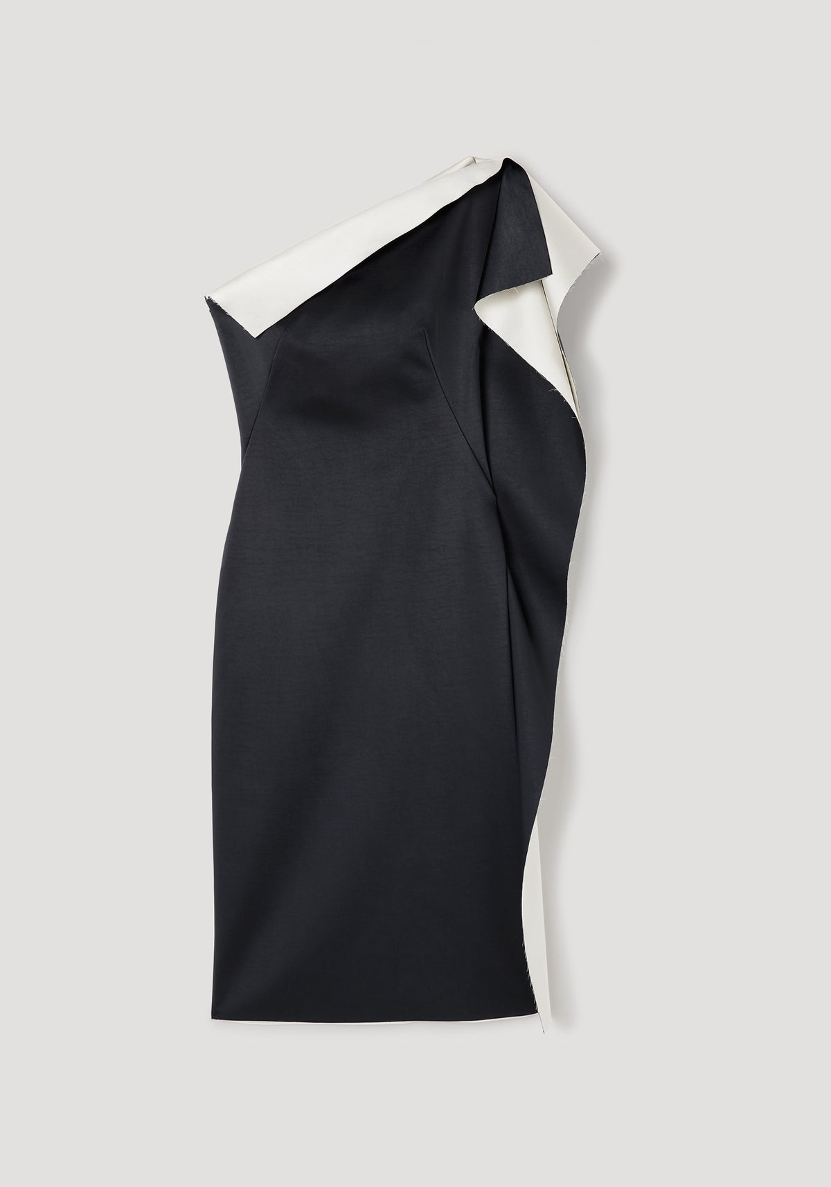 Sleek and elegant Sculptural double-satin off-shoulder dress | black/white featuring a modern asymmetrical neckline and smooth satin fabric with contrasting black and white tones.