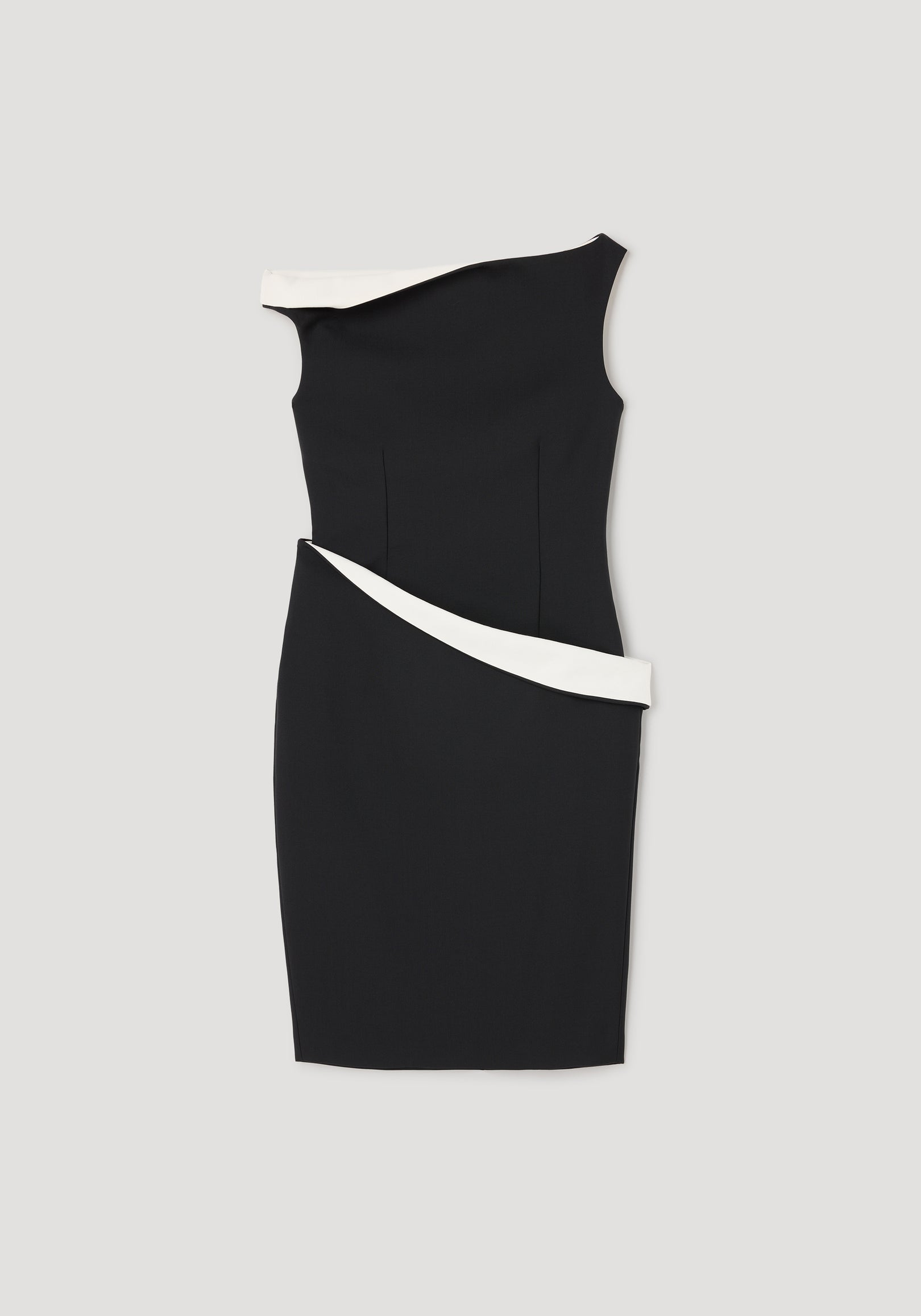 Sleek black sculptural off-shoulder dress with asymmetrical white trim detailing along the neckline and waist, designed for a modern and elegant silhouette.