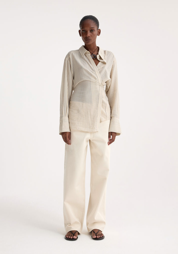 Asymmetric waisted striped shirt | cream / navy stripe