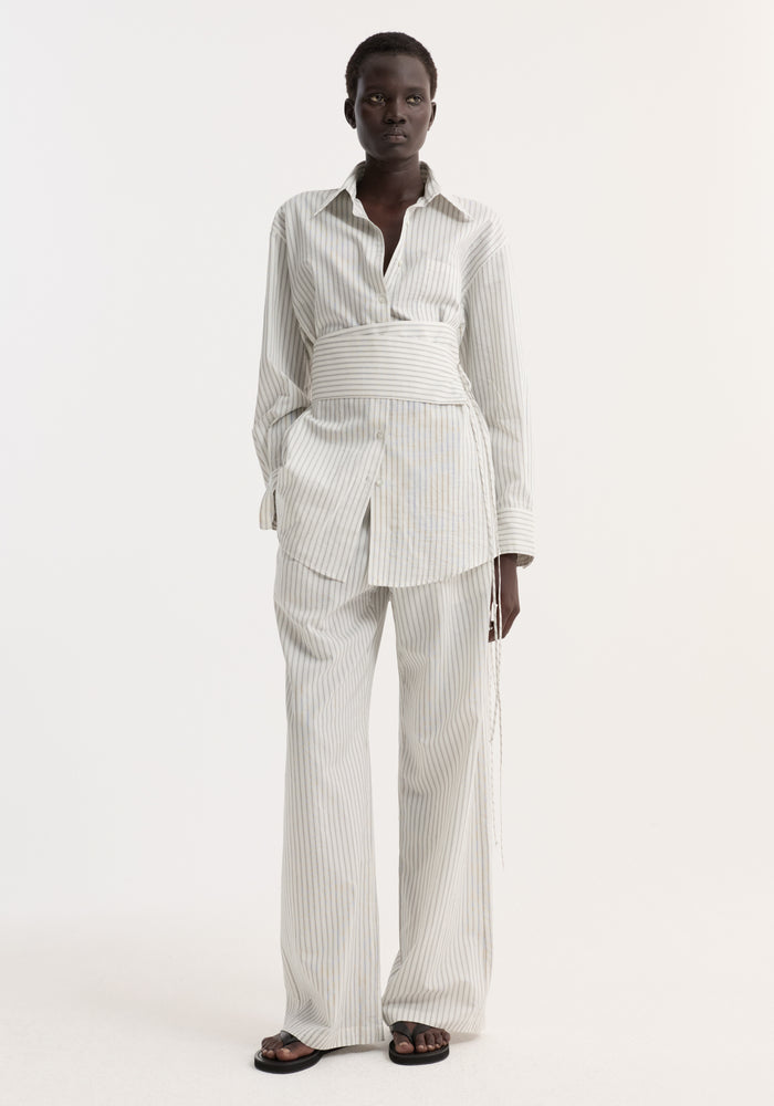 Silk stripe belted shirt | fine stripe
