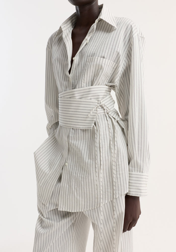 Silk stripe belted shirt | fine stripe