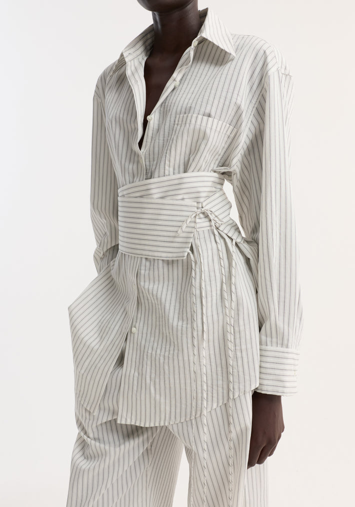 Silk stripe belted shirt | fine stripe