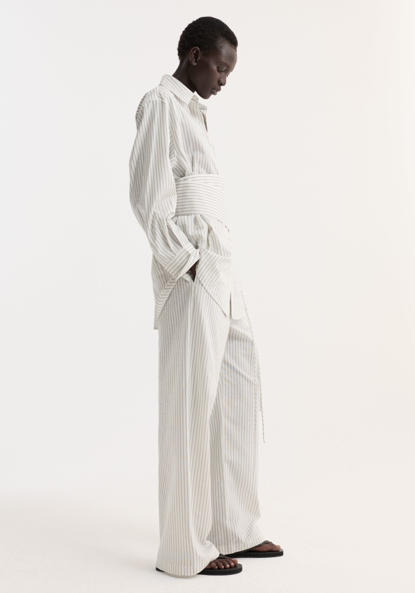 Silk stripe belted shirt | fine stripe