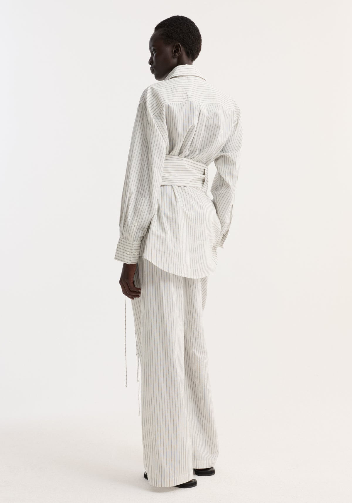Silk stripe belted shirt | fine stripe