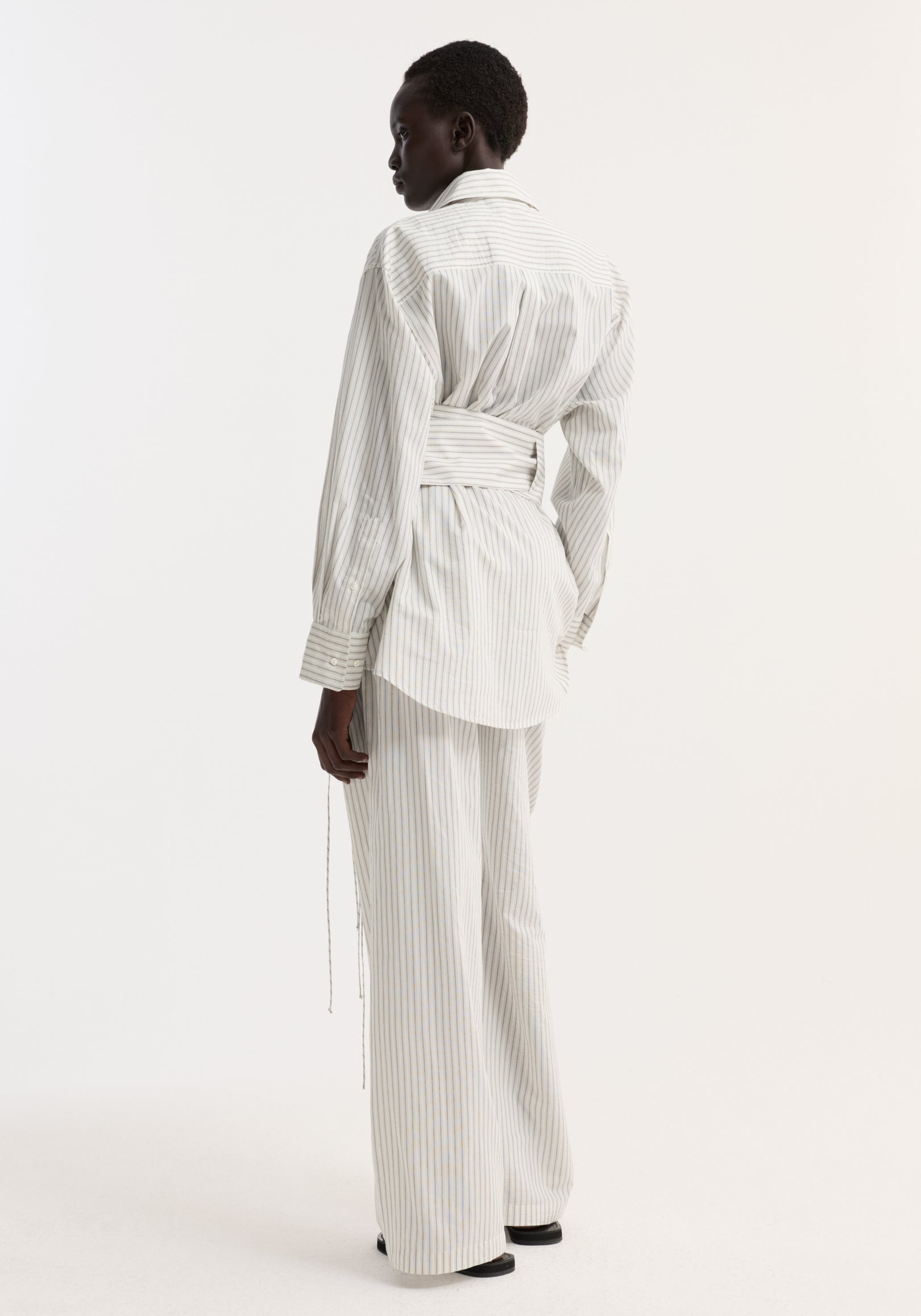 Silk stripe belted shirt | fine stripe
