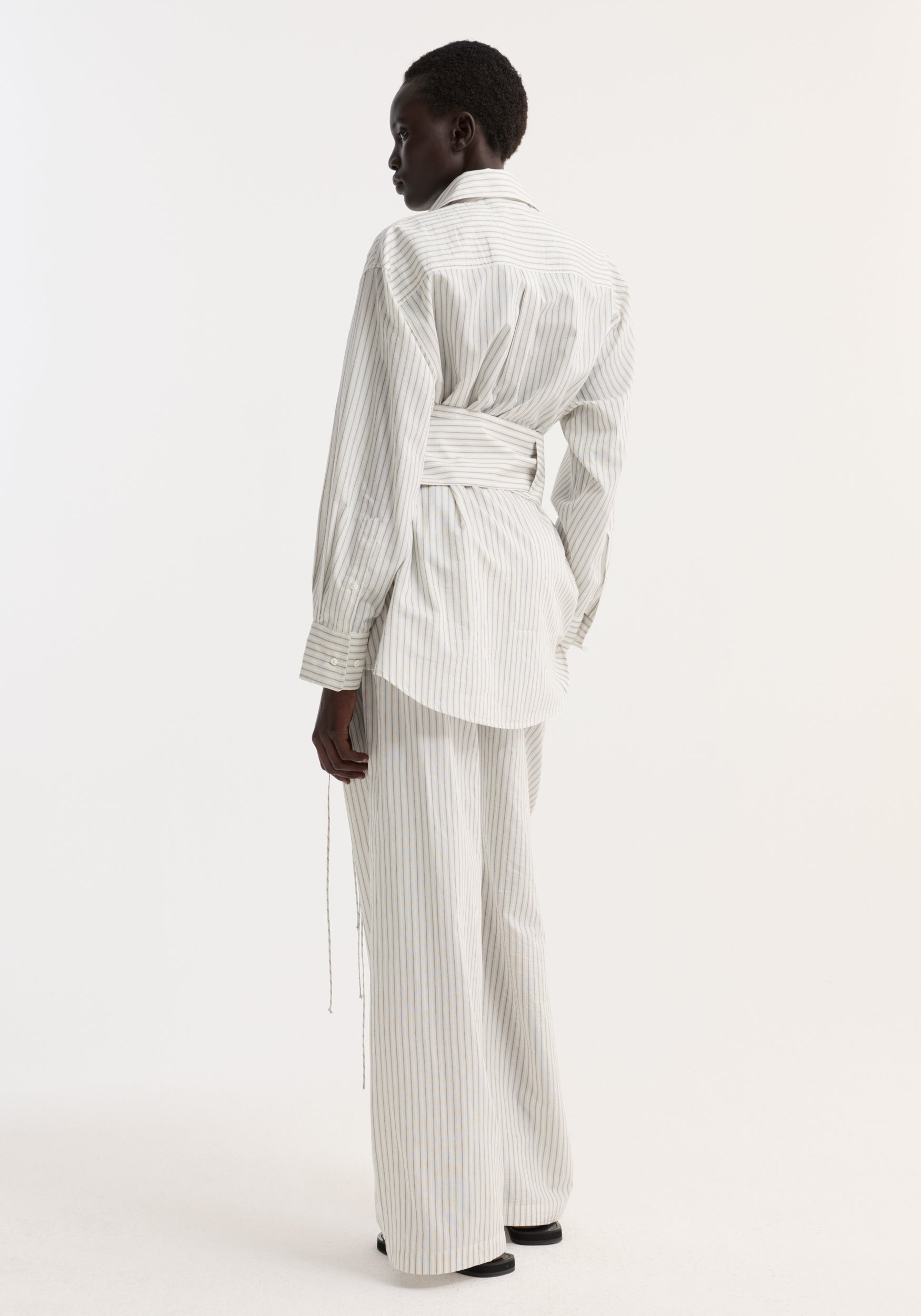 Silk stripe belted shirt | fine stripe
