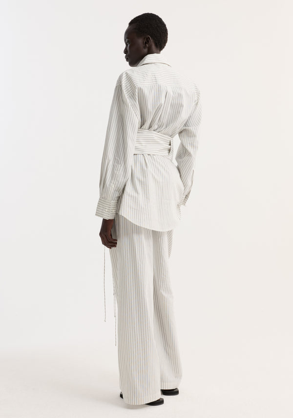Silk stripe belted shirt | fine stripe