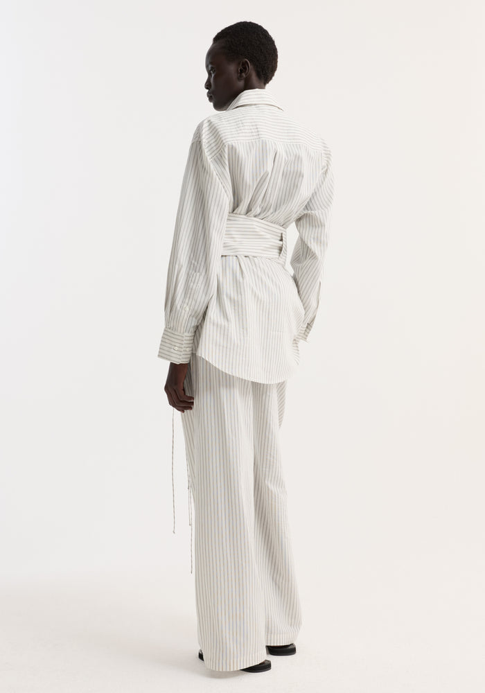 Silk stripe belted shirt | fine stripe