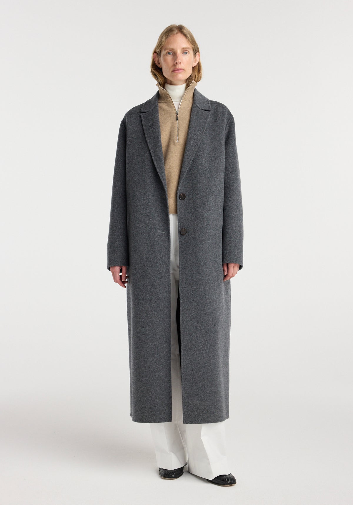 Double-faced wool long coat | dark grey melange