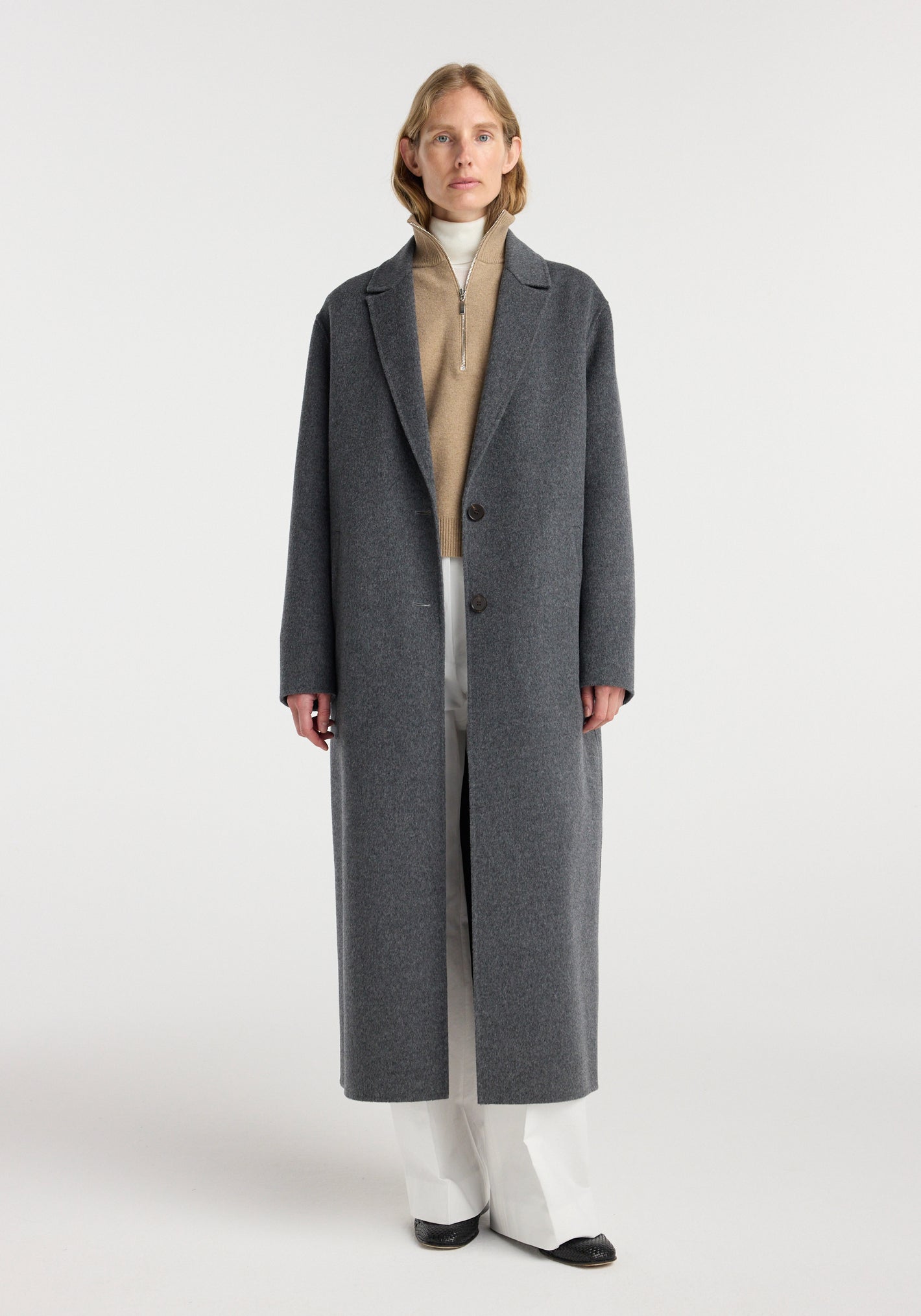 Double-faced wool long coat | dark grey melange