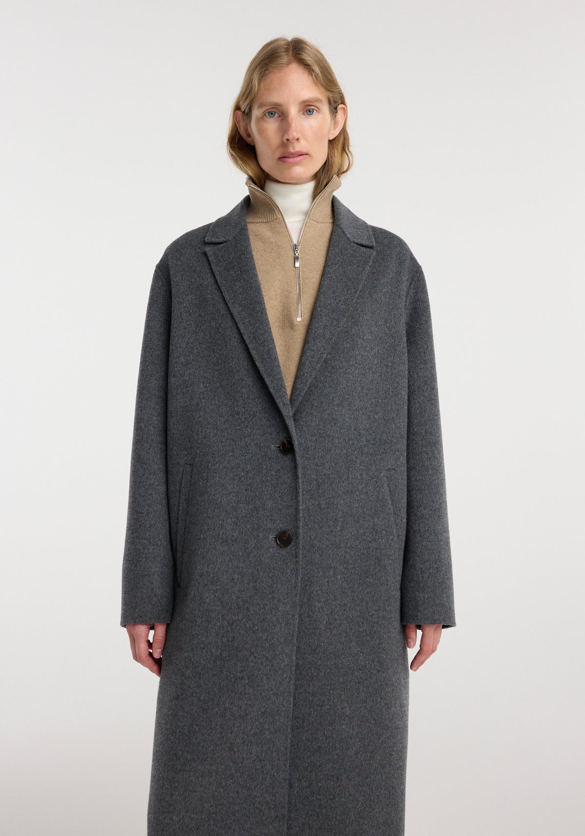 Double-faced wool long coat | dark grey melange