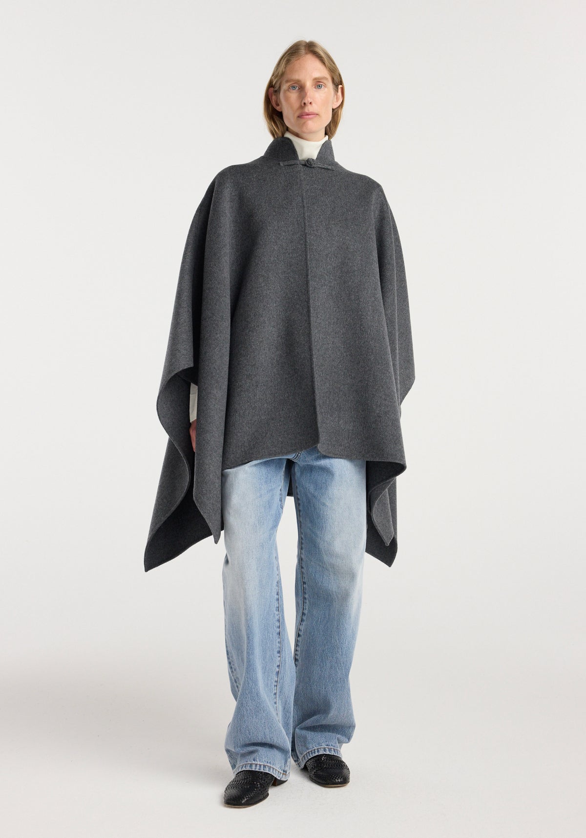 Double-faced wool pankou closure poncho | dark grey melange