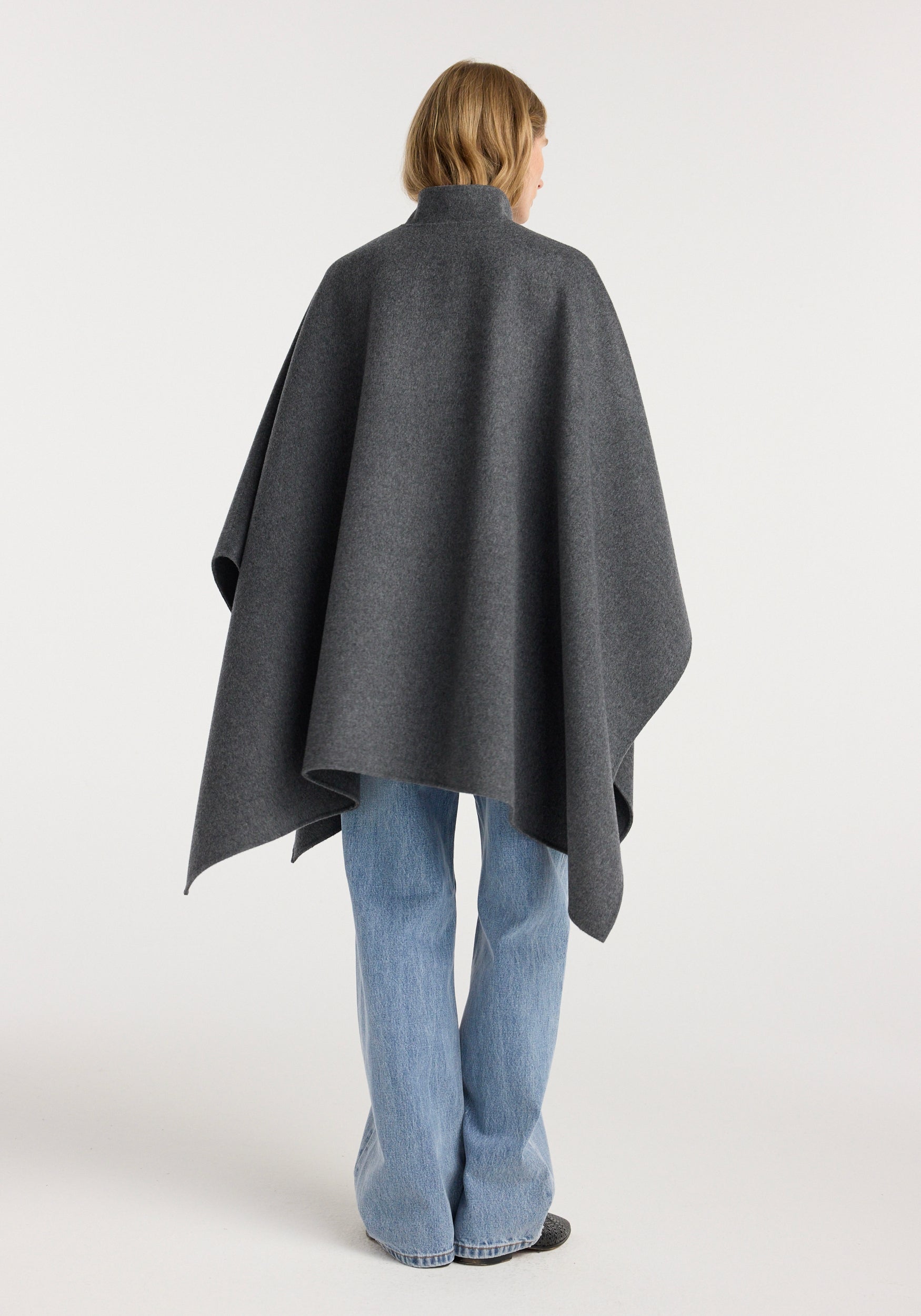 Double-faced wool pankou closure poncho | dark grey melange