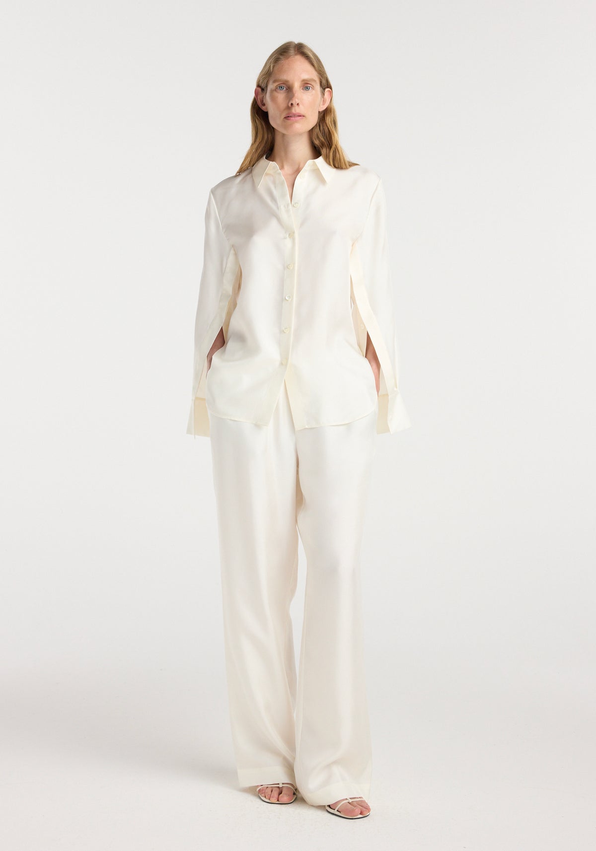 Silk open-sleeve detailed shirt | cream